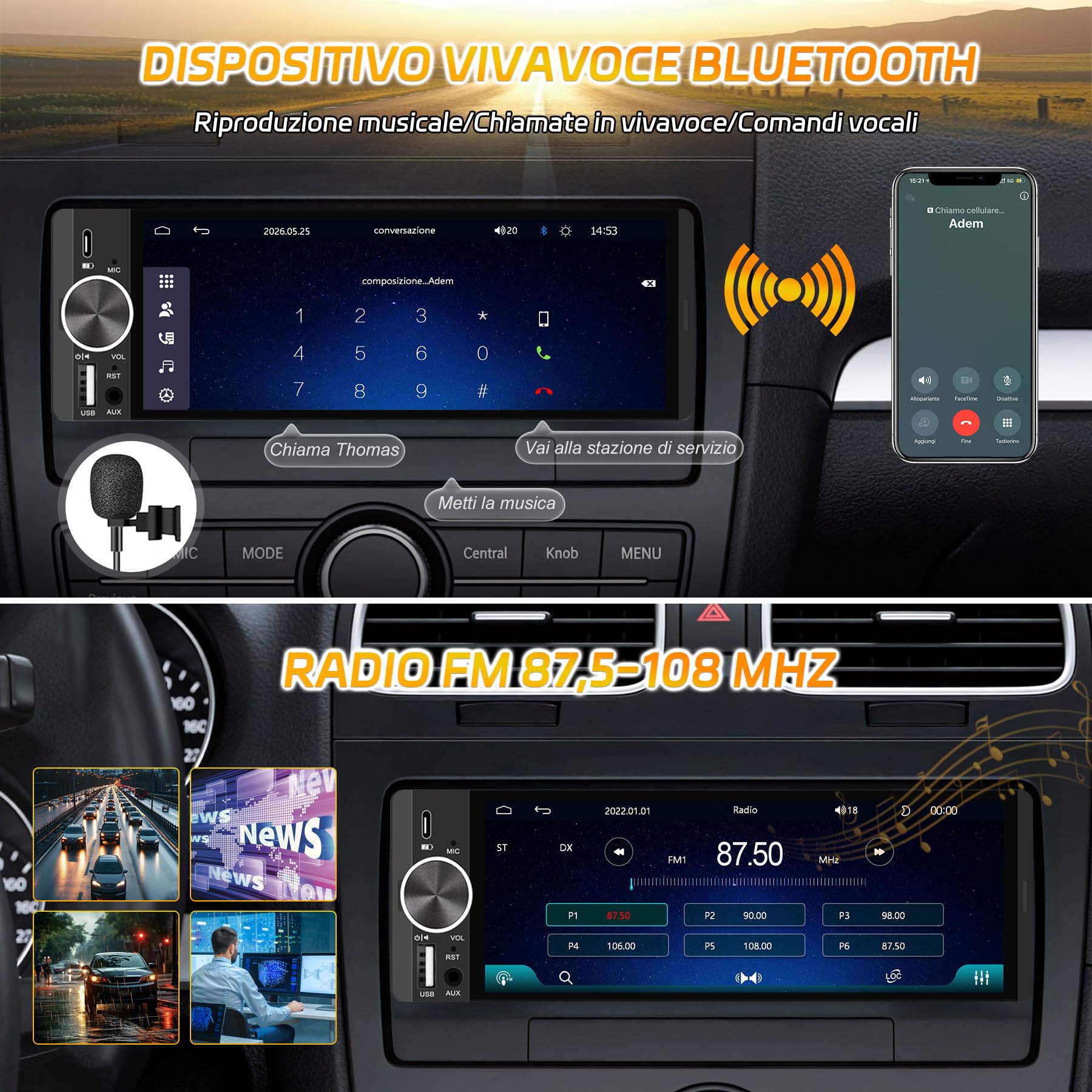 Autoradio Bluetooth 1 Din con Schermo da 6,28 Pollici, CarPlay/Android Auto | Telecamera Posteriore, Navigazione GPS, FM/RDS, Comandi al Volante, Comandi Vocali, Radio Auto Un Din Car Stereo Touch Screen