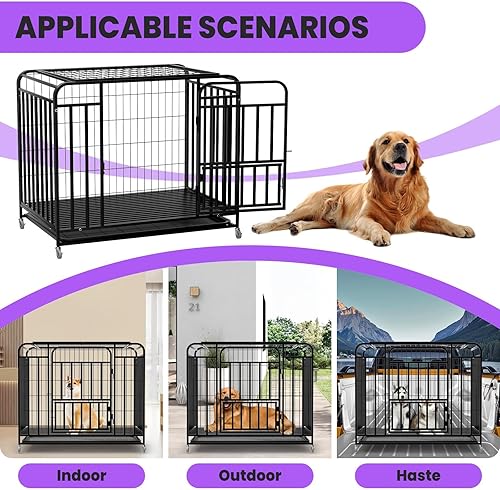 Miniatura 8 de 42" Dog Crate with Double Doors, Heavy Duty Escape Proof Dog Kennel for Large Dogs, High Anxiety Dog Cage with Removable Trays& Wheels, for Medium