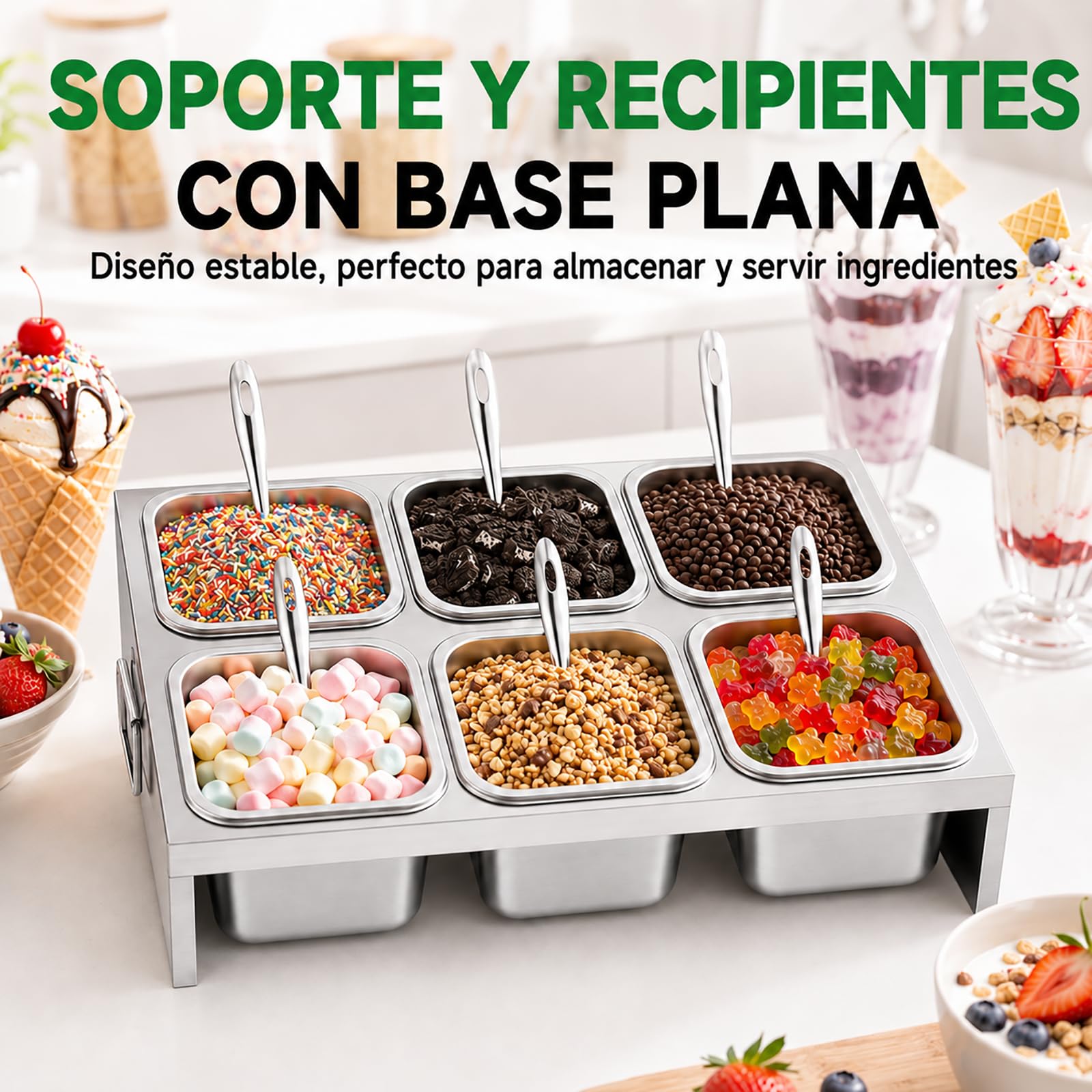 Recipientes de Acero Inoxidable para Alimentos 6 x 2L con Tapa y Cuchara – Estación de Acero Inoxidable para Añadir Ingredientes a la Pizza, BBQ, Salsas y Verduras – Bandeja GN para Cocina Restaurante