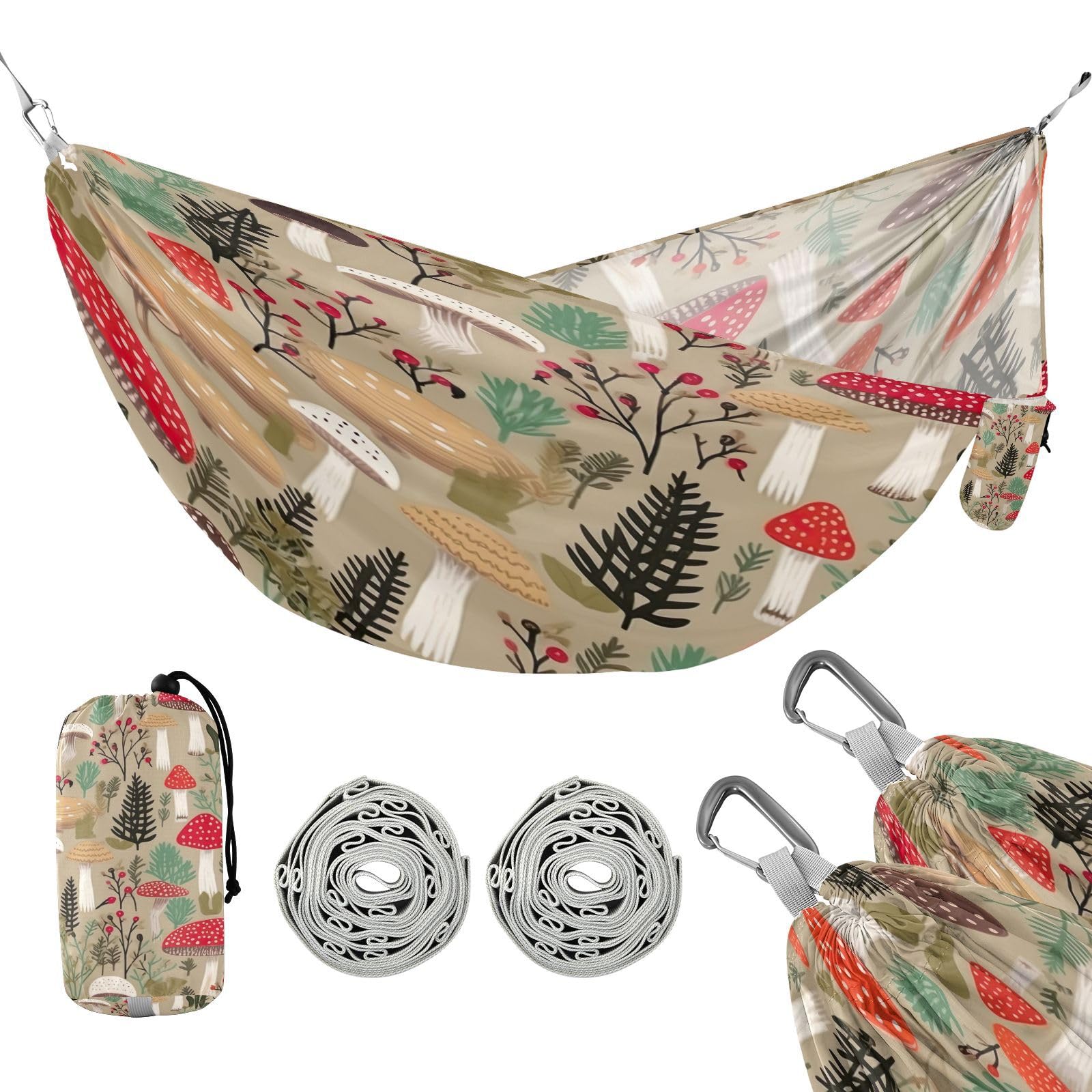 SDMKA Mushrooms Camping Hammock, 330 lbs with 2 Tree Straps, Carry Bag, Single Portable Hammock for Outdoor/Indoor, Hiking, Beach, Backpacking, Travel