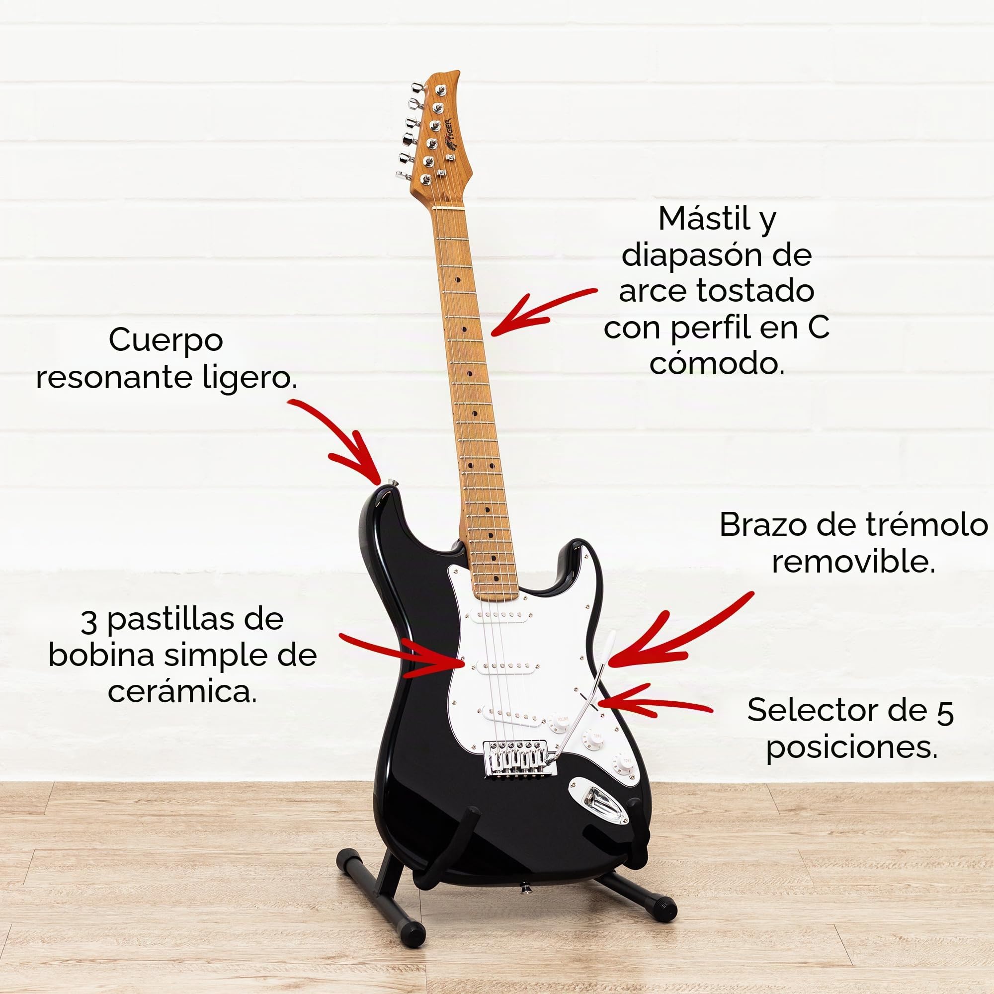 Tiger ELG-BK guitarra eléctrica full size SSS negra | Mástil de arce tostado, pastillas SSS versátiles, apta para todos los estilos musicales