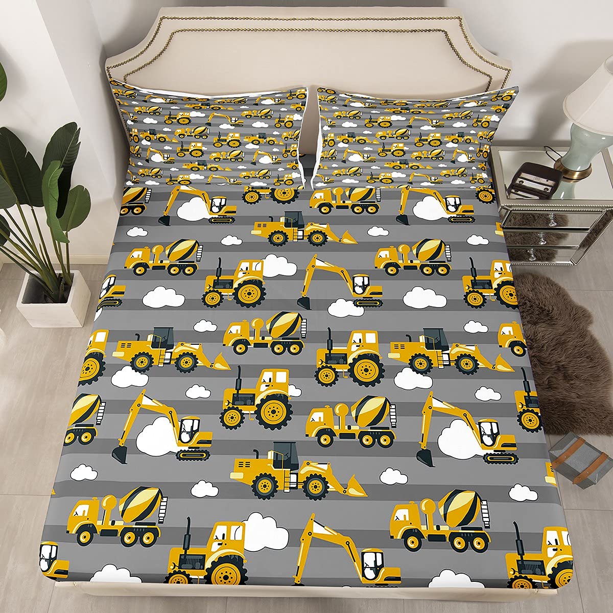 Loussiesd Boys Excavator Cartoon Yellow Truck Crane Bed Sheet Set Digger Mixer Cute Kids Heavy Machinery Bedding Fitted Sheet Tractor Grey Stripe Clouds,No Flat Sheet 3Pcs Double Size - Image 3