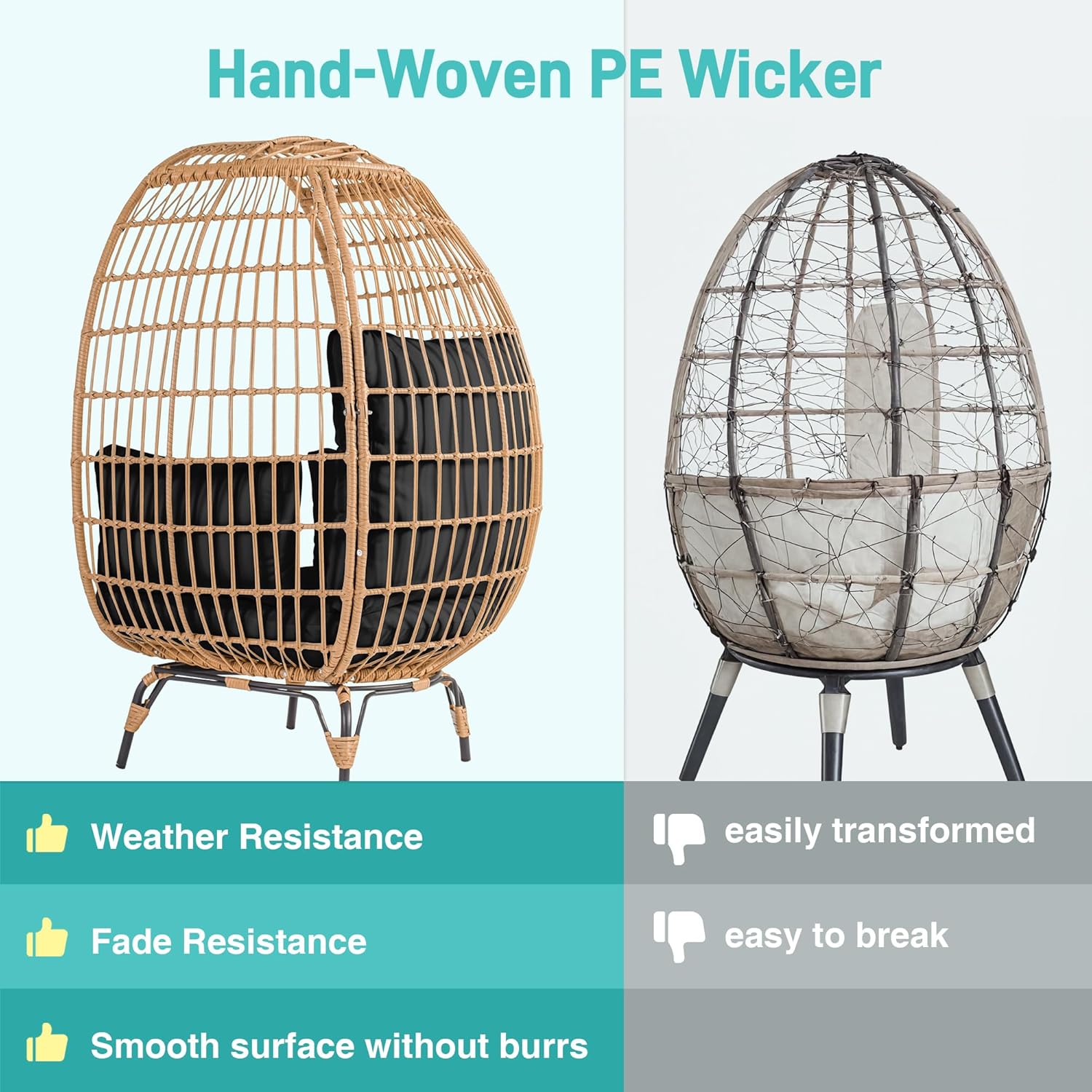 Outdoor Egg Chair, PE Wicker Chair 440 lbs Capacity, Patio Chairs with 4 Thicken Cushions, Oversized Lounge Chairs with Durable Steel Frame Perfect for Balcony, Backyard, Bedroom-Black