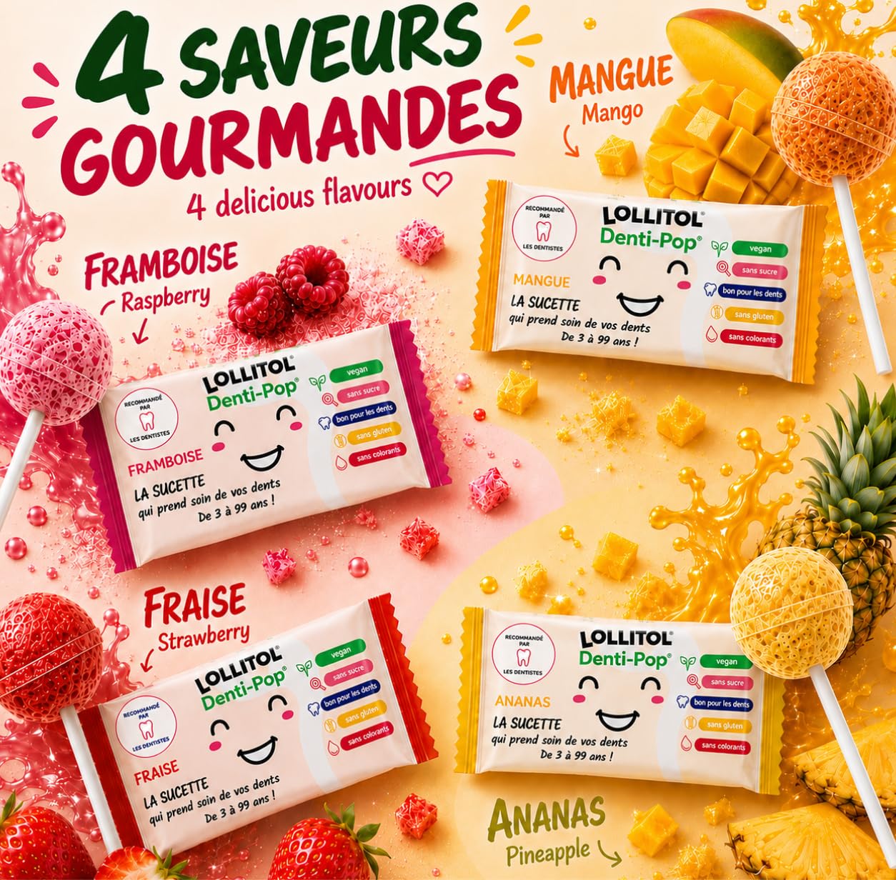 LOLLITOL Sucettes Sans Sucre 28 Pièces – Bonbon Sans Sucre, Lollipop Vegan Saveurs Fruits (Fraise, Framboise, Mangue, Ananas) – Sans Aspartame, Coffret Découverte