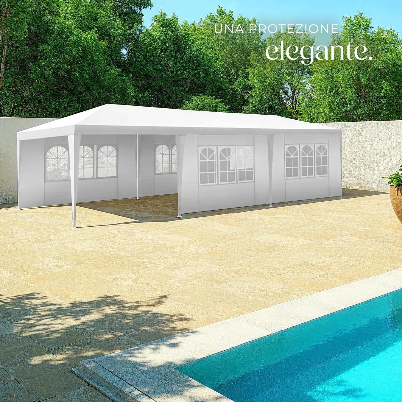 tectake® Gazebo Esterno Resistente 9x3 m, Impermeabile, con 8 Pareti Laterali Rimovibili, Protezione UV, Telaio in Acciaio, Tendone per Feste, Matrimoni, Campeggio, Gazebi Terrazzo Esterno - Bianco