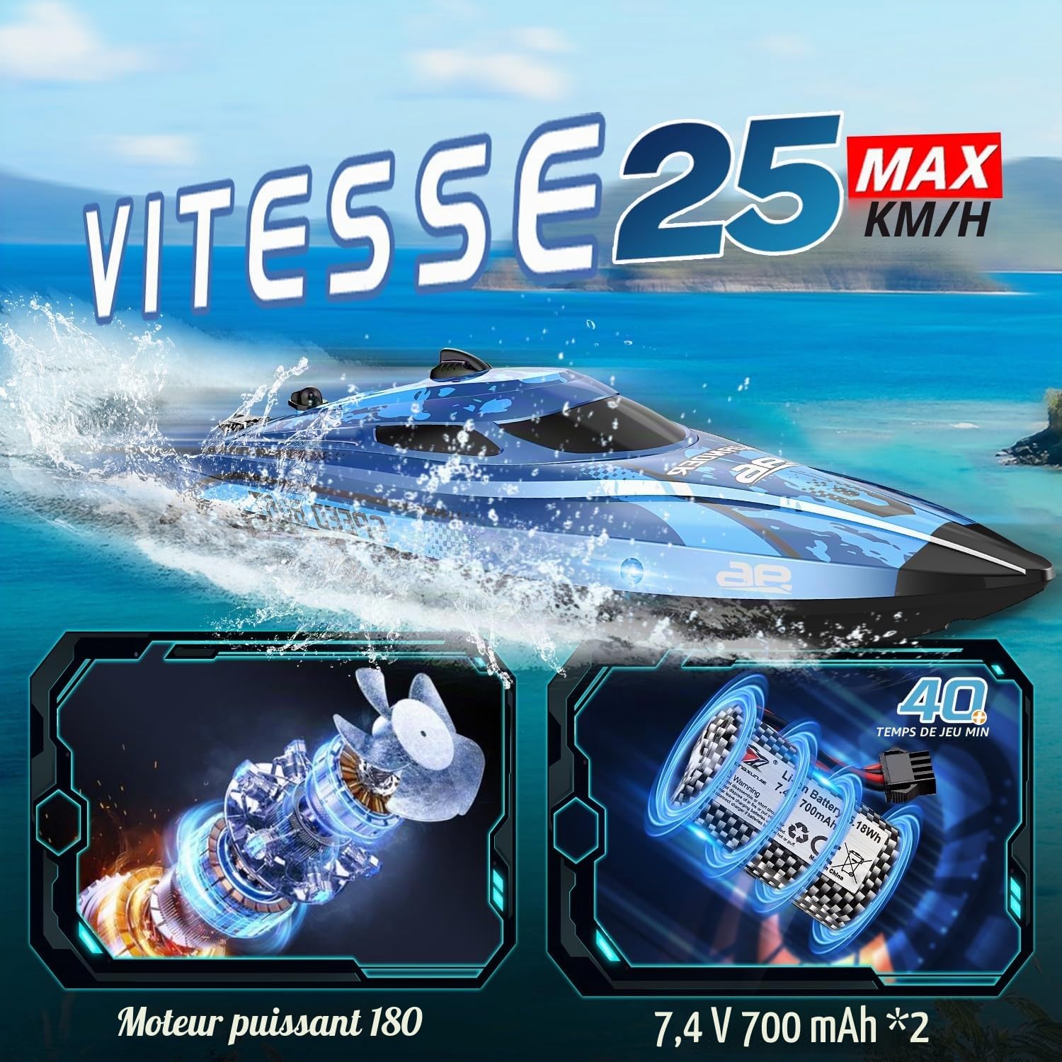 25 KM/H Bateau Télécommandé avec Lumière LED, 2,4 GHz Bateau Telecommandé Enfant, Bateaux Telecommande avec 2 Batteries pour 40 Minutes de Temps de Jeu, Cadeaux d'été pour Garçons et Filles (Bleu)