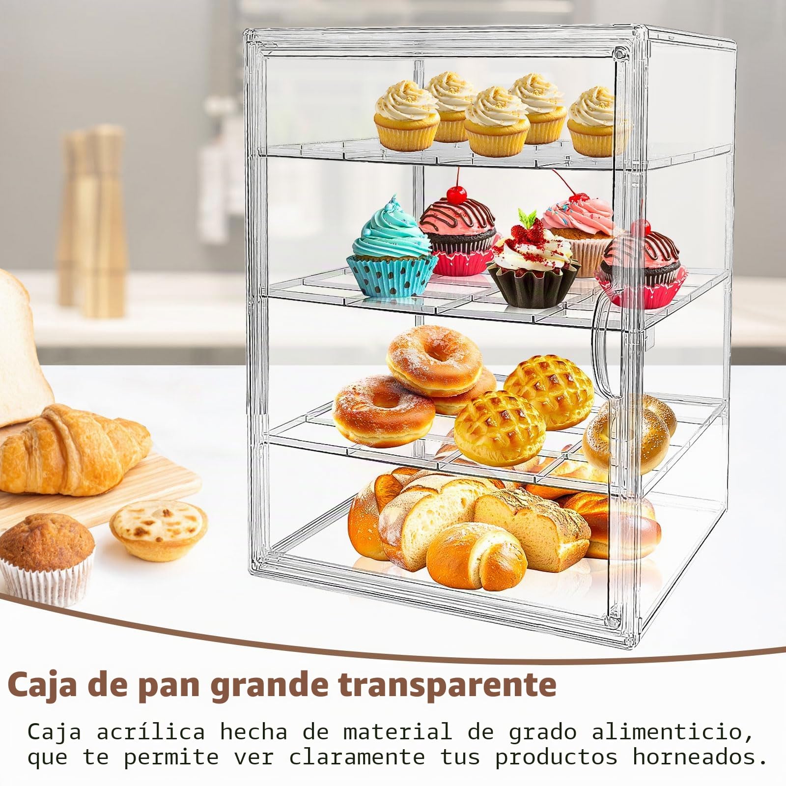 Paneras para Guardar el Pan Transparente, Bread Box de 4 Niveles Ajustables, con Puerta Magnética, Material Pet, con Pinzas de Bambú, para Guardar Donuts, Pan y Pasteles