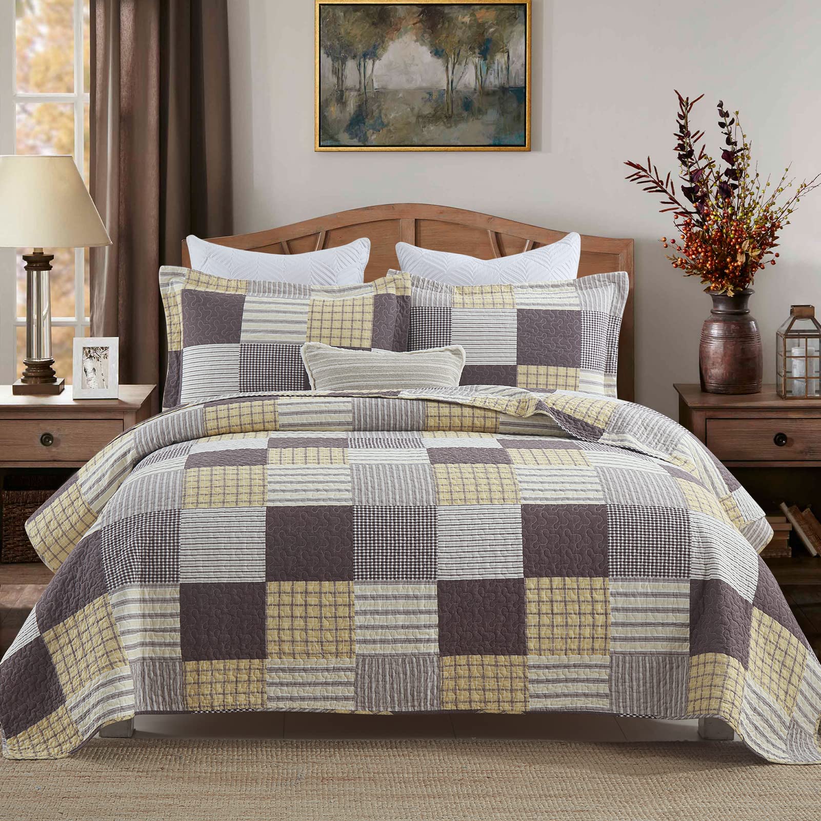 Y-PLWOMEN Quilt Set King Size, 100% Cotton King Quilt, Yellow Brown White Patchwork Plaid Quilt King Size, Lightweight Reversible Soft King Bedspread for All Season, 3-Pieces