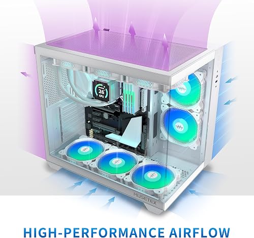 MUSETEX Y6 Mid Tower PC Case, White, 5x120mm PWM ARGB Fans, 270° Tempered Glass, ATX, Micro-ITX, 7 Expansion Slots, USB 3.2 Type-C, 6.7kg - 4