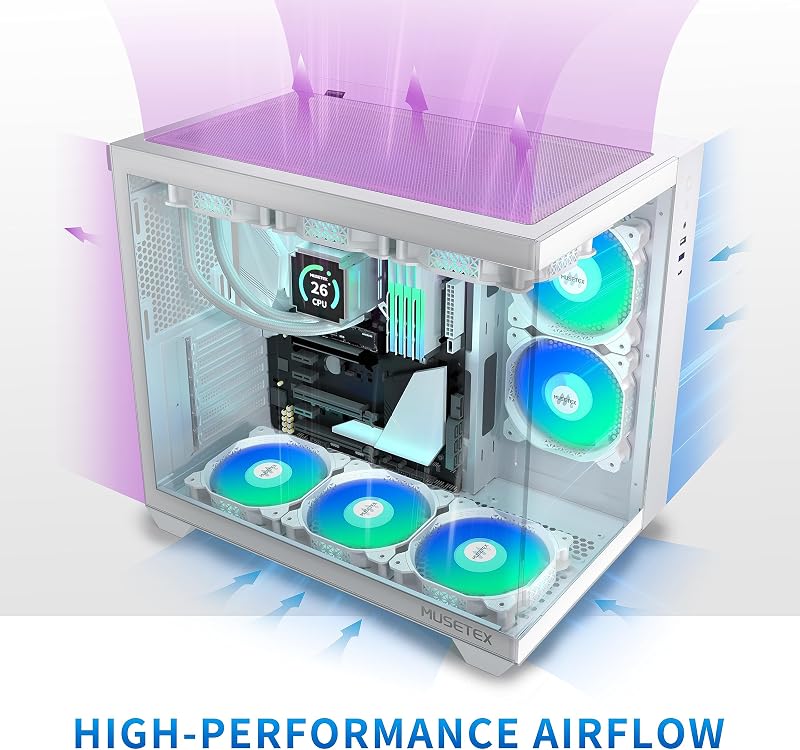 MUSETEX Y6 ATX Gamer Ház 360mm, 6 ARGB Ventilátor, Üveg Oldal, Type-C, Fehér