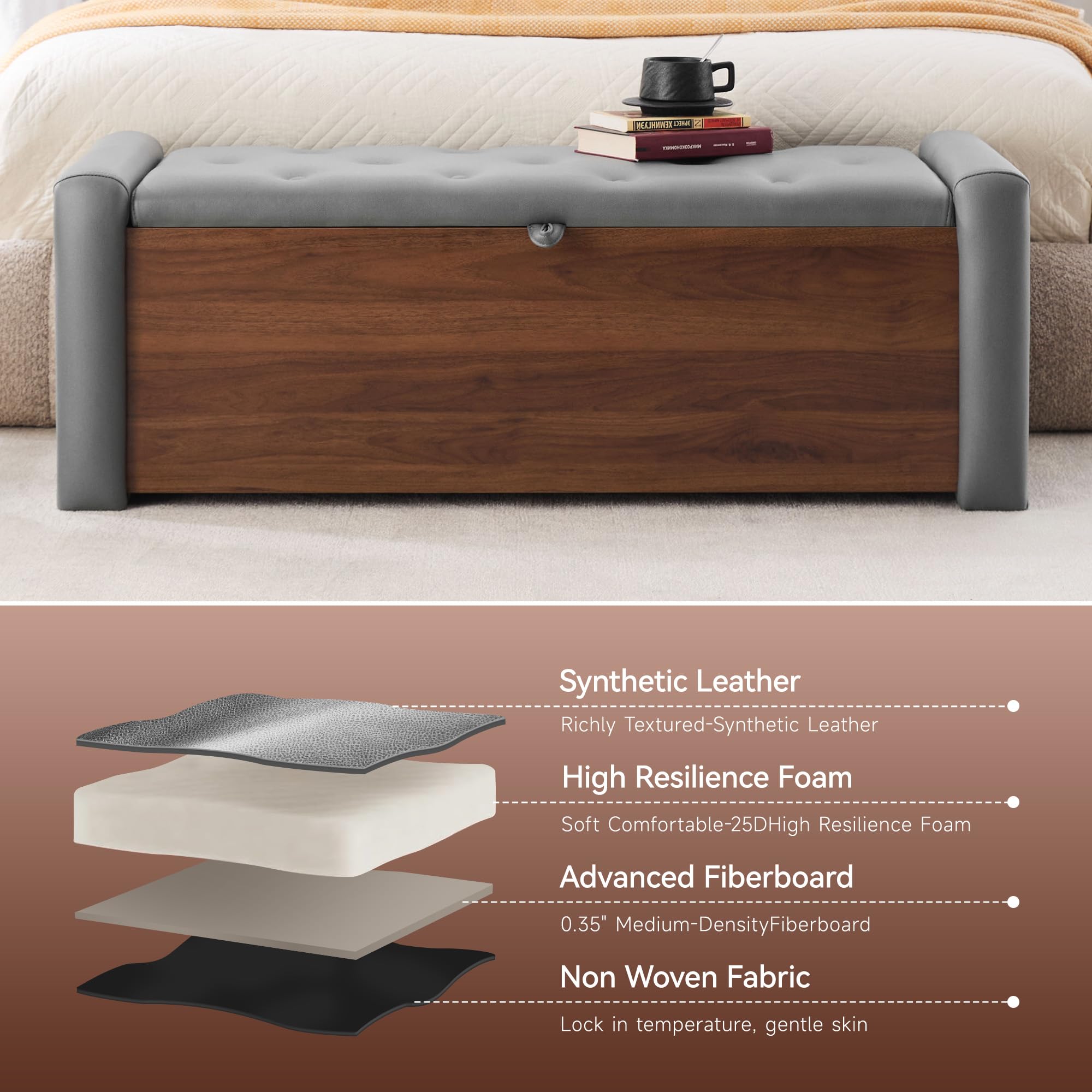 48 Storage Ottoman Bench Faux Leather Upholstered Bed Bench Button