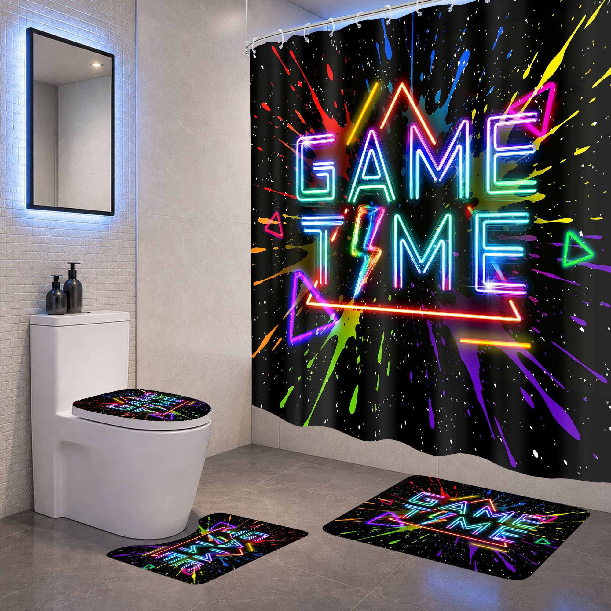 Colorful Game Graffiti Space Bathroom Set with Shower Curtain and Rugs