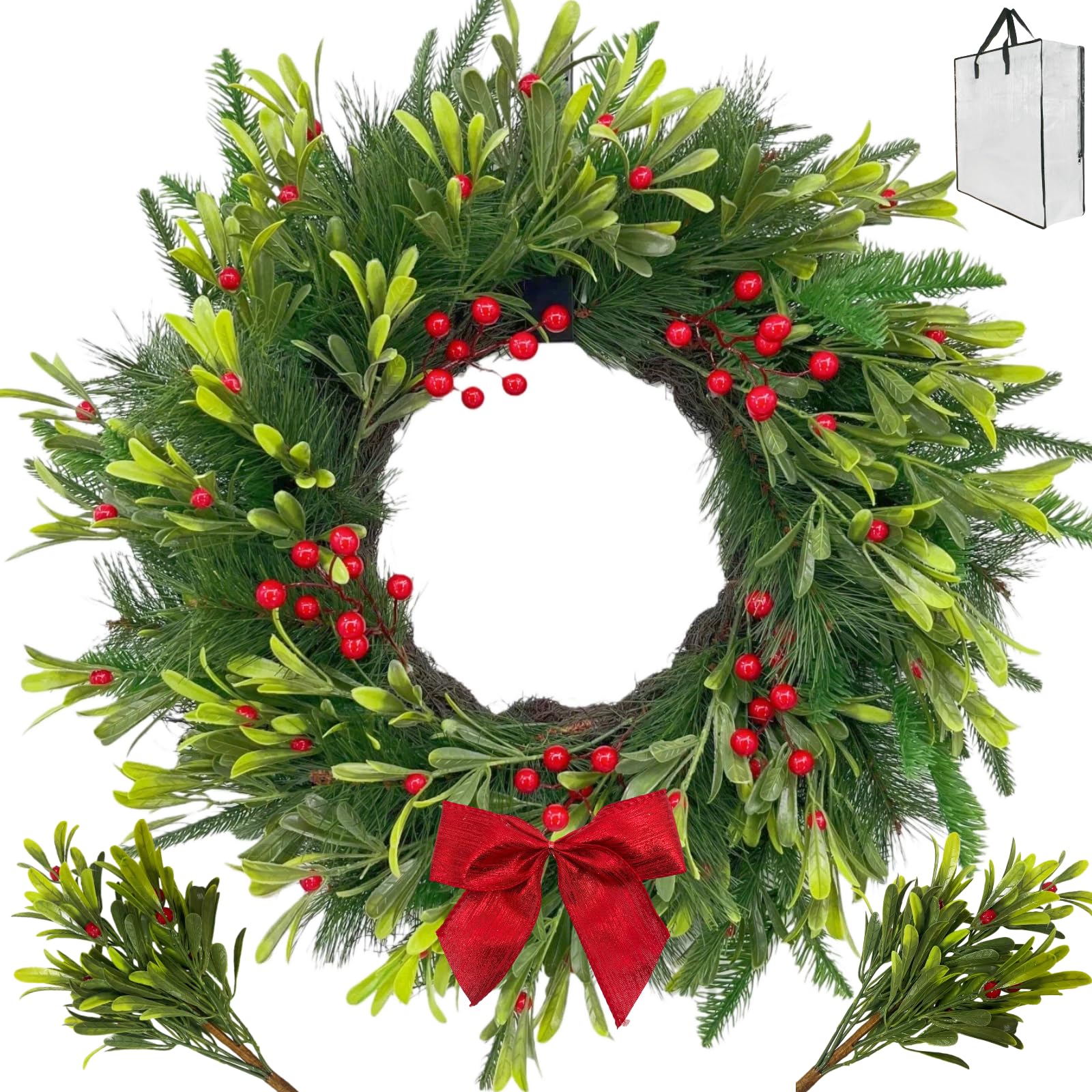24 Inch Christmas Wreath for Front Door – Artificial Red Berry & Pine Winter Wreath with Removable Berry Branches and Red Bow, Includes Storage Bag, Indoor Outdoor Holiday Home Decor