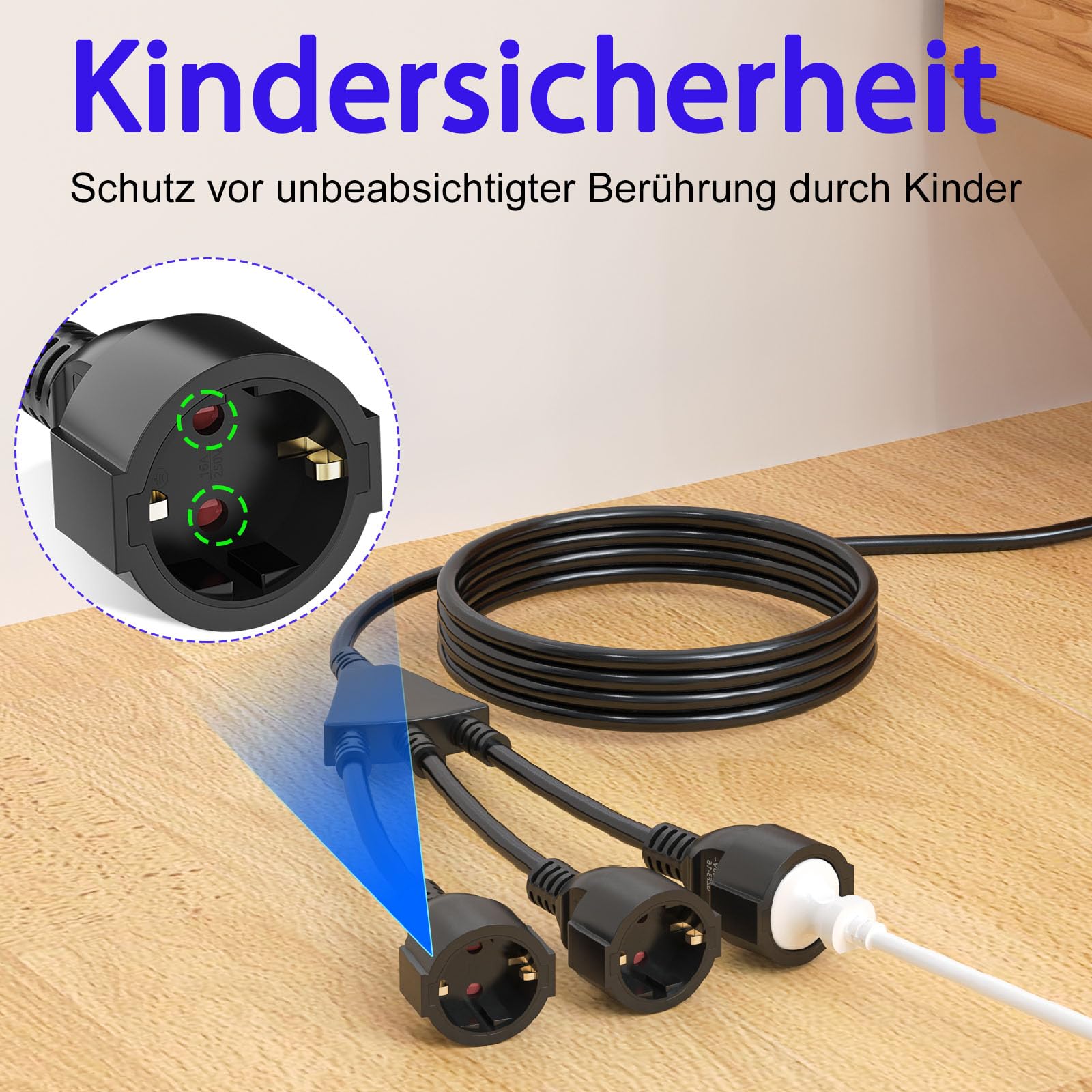 Schutzkontakt Verlängerungskabel, Steckdose Außenbereich für Doppelstecker 3 Fach, 3x1,5mm² Kupfer, 250V/13A, Wasserdicht IP44 für draußen Haushalt, Büro, Garten, 10M Schwarz