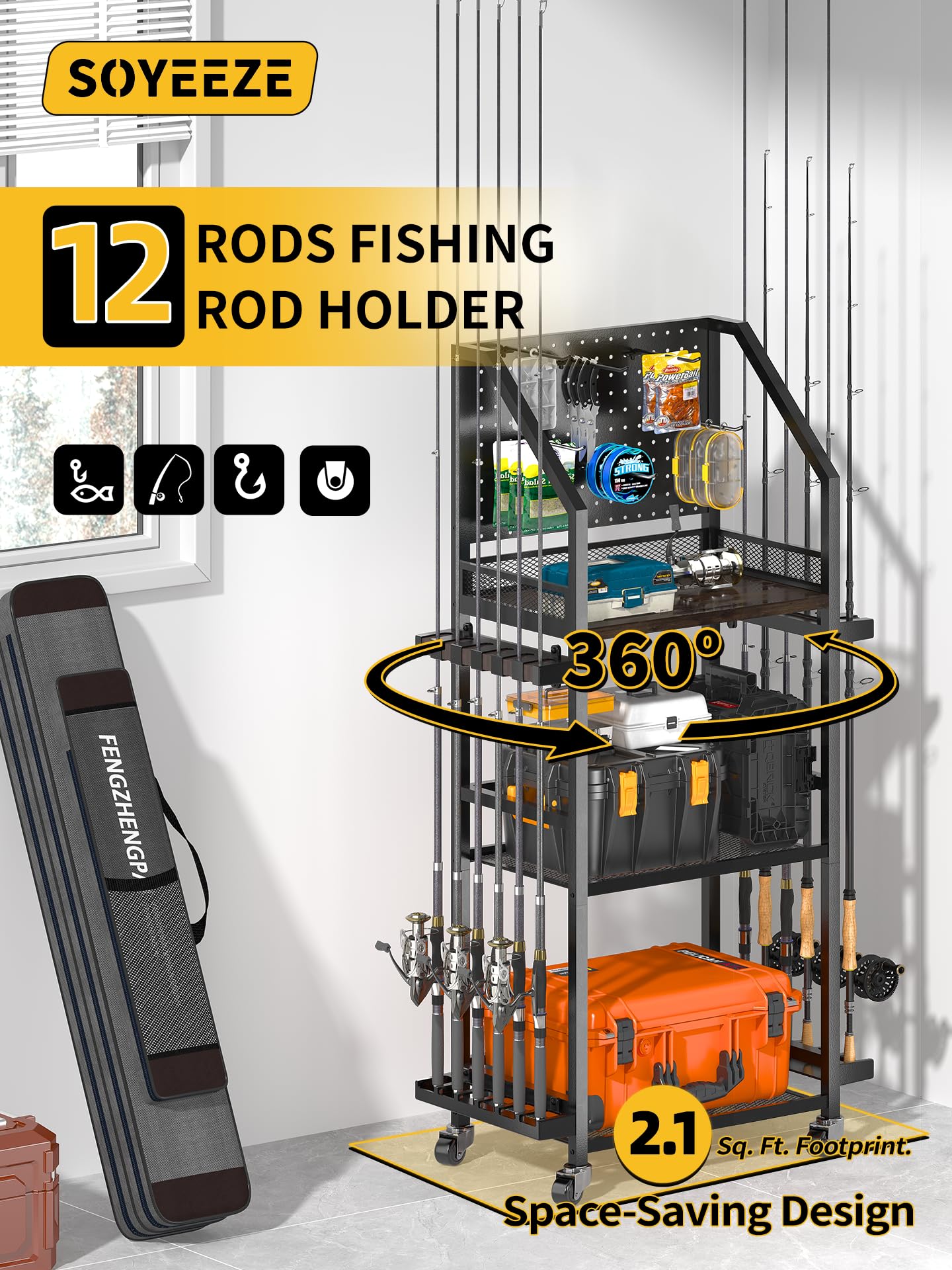SOYEEZE Fishing Rod Holders for Garage, Fishing Pole Holders Up to 12 Rods with Pegboard and Hooks,Rolling Fishing Cart with Wheels, Fishing Gear Storage For Tackle Box & Reel Organization-6 Hooks