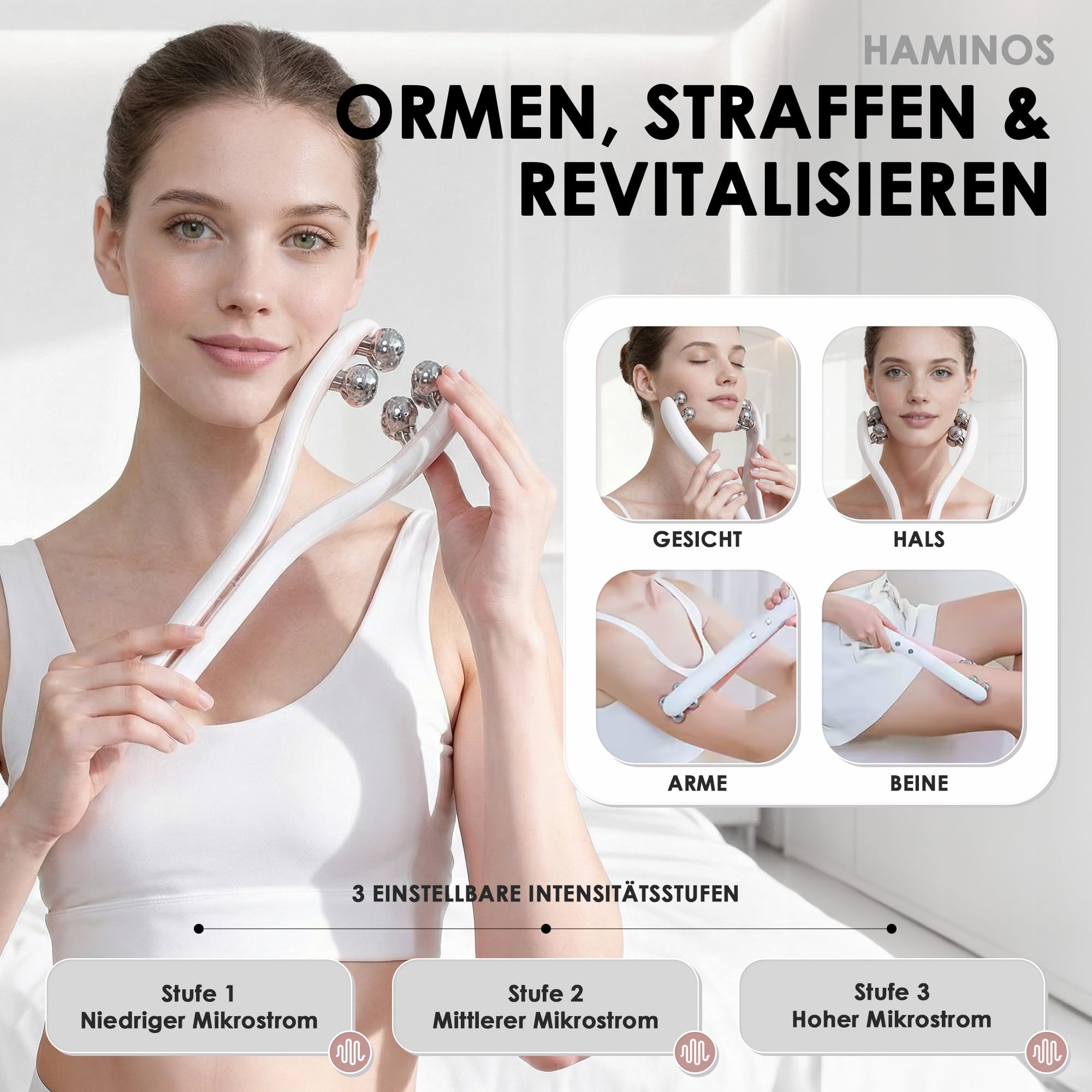 Mikrostrom Gesichtsmassagegerät mit 3D Roller - Gesichts- & Körperformwerkzeug für Kiefer, Nacken, Arme und Beine, 3 Intensitätsstufen, wiederaufladbar (Verwendung mit leitfähigem Gel)