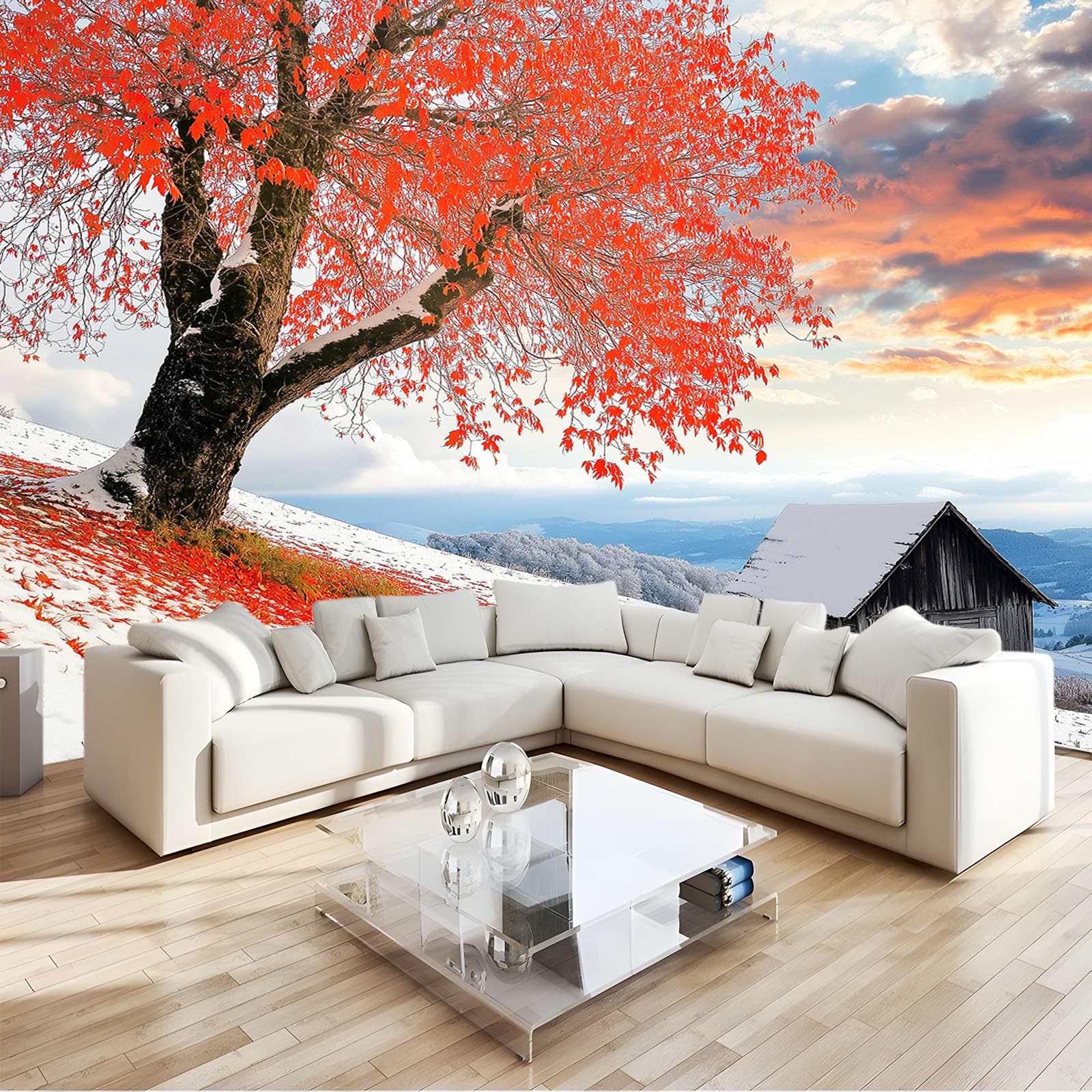Retrò Carta da Parati Moderna Murale Il rosso lascia il grande albero Carta da Parati Murale 400x280 cm Foto Murale Soggiorno Camera Da Letto Ristorante Rivestimento d'arte Murale Decor