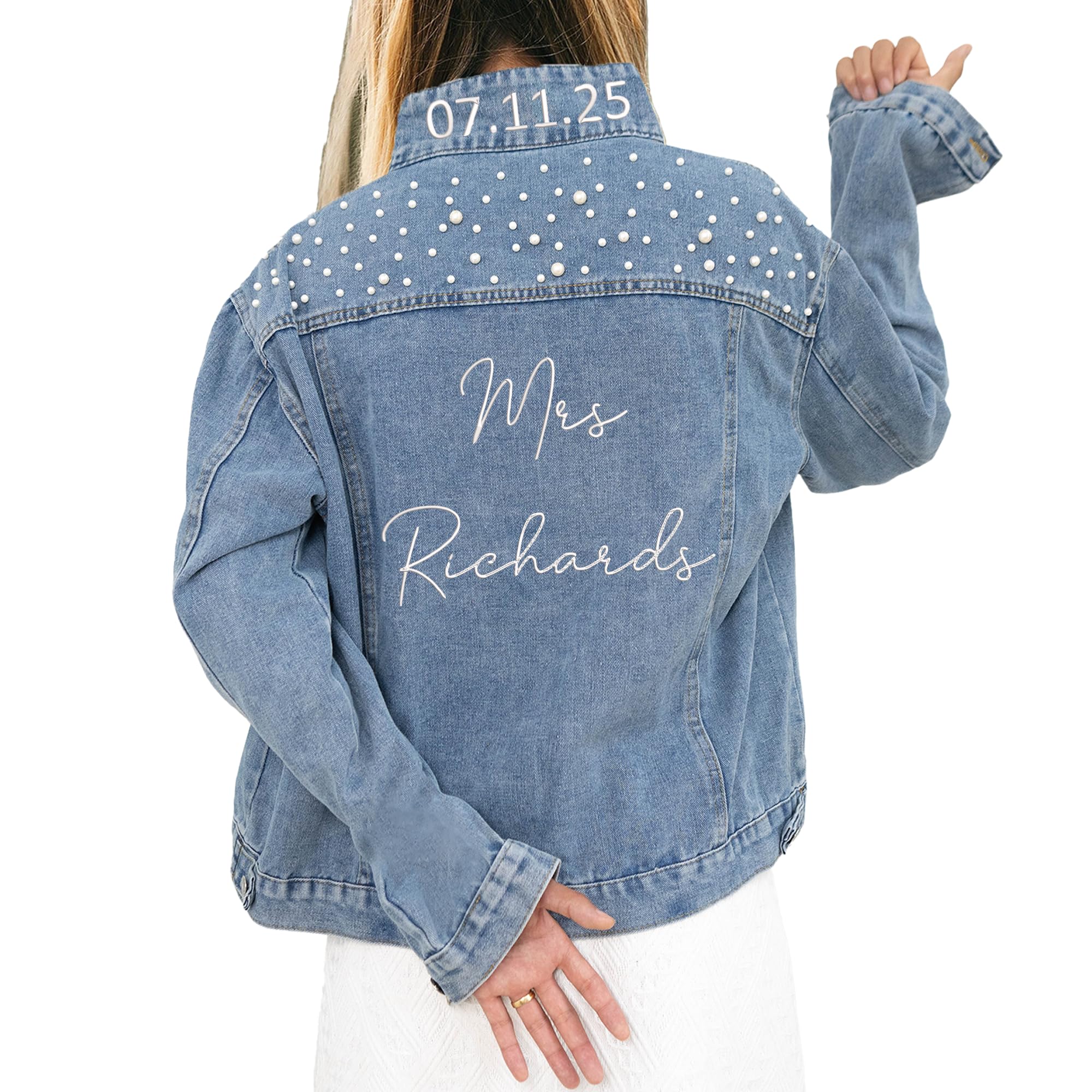 Personalized Embroidered Bride Denim Jacket Future Mrs Jean Jacket With Pearls Wedding gifts for Bride