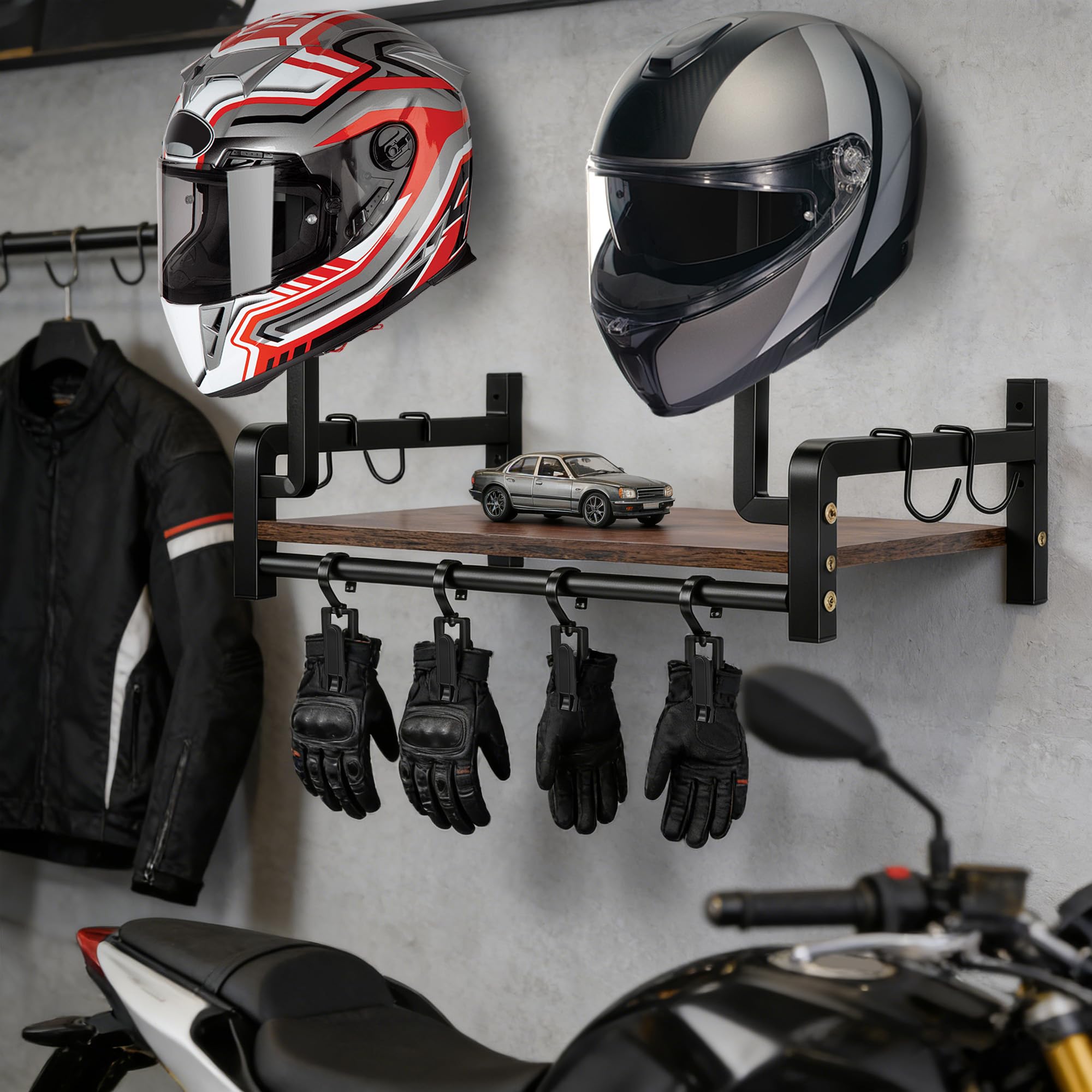 Soporte para Casco de Motocicleta, Soporte de Pared, Estante de Exhibición Rústico para Casco con Ganchos, Estante de Almacenamiento, Abrazadera para para Almacenamiento de (color nuez)
