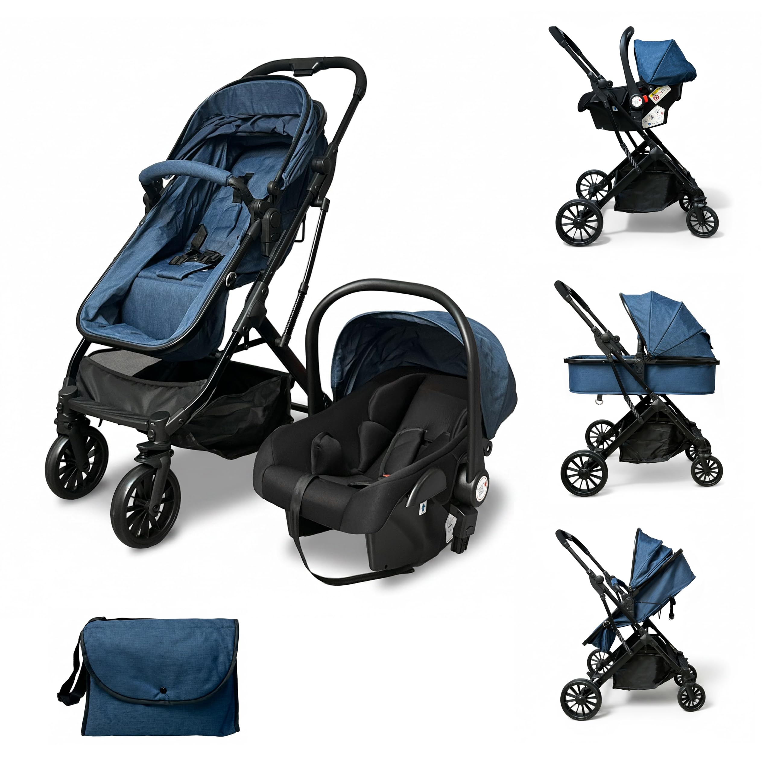 Passeggino Trio 3 in 1 con Navicella, Ovetto e Borsa Mamma, Reversibile, Schienale Reclinabile, Chiusura Compatta, 6-36 Mesi (Blu)