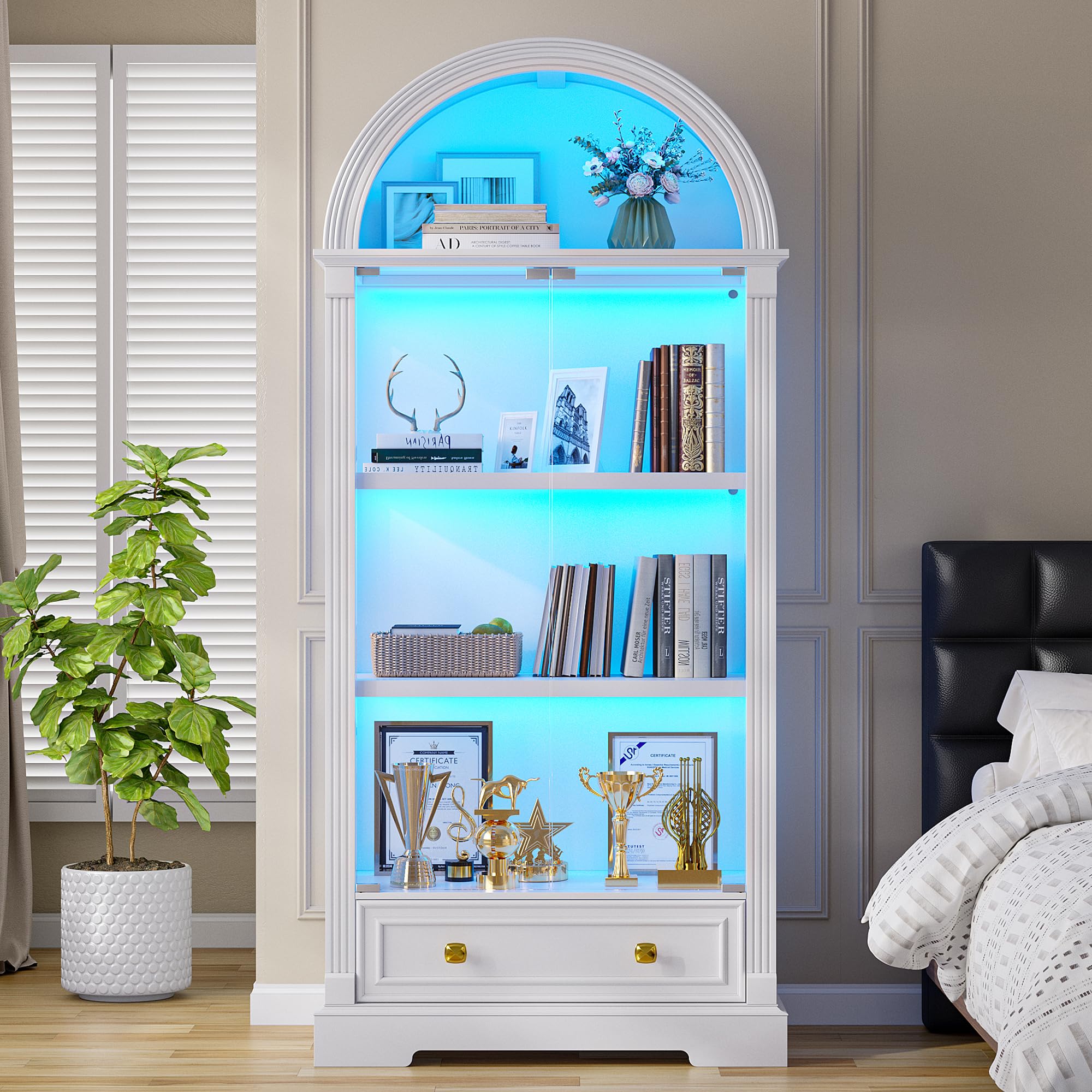 TAGELIER Arched Display Cabinet with Glass Doors &amp; LED Light