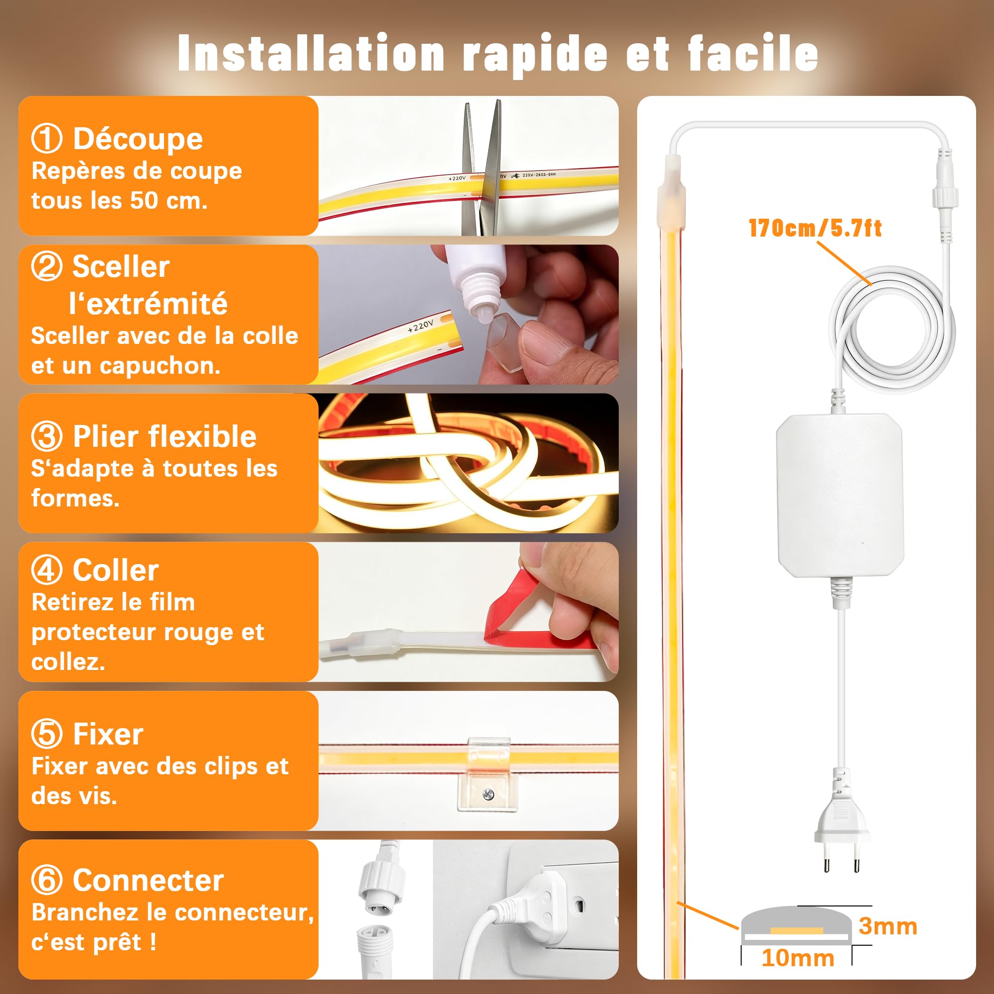 Ruban LED COB Étanche IP67 Extérieur Avec Télécommande, AC 220V Dimmable Branchement Direct, Superlumineux Autocollant pour Piscine, Jardin, Salon, Terrasse (2700K Warm, 15M)