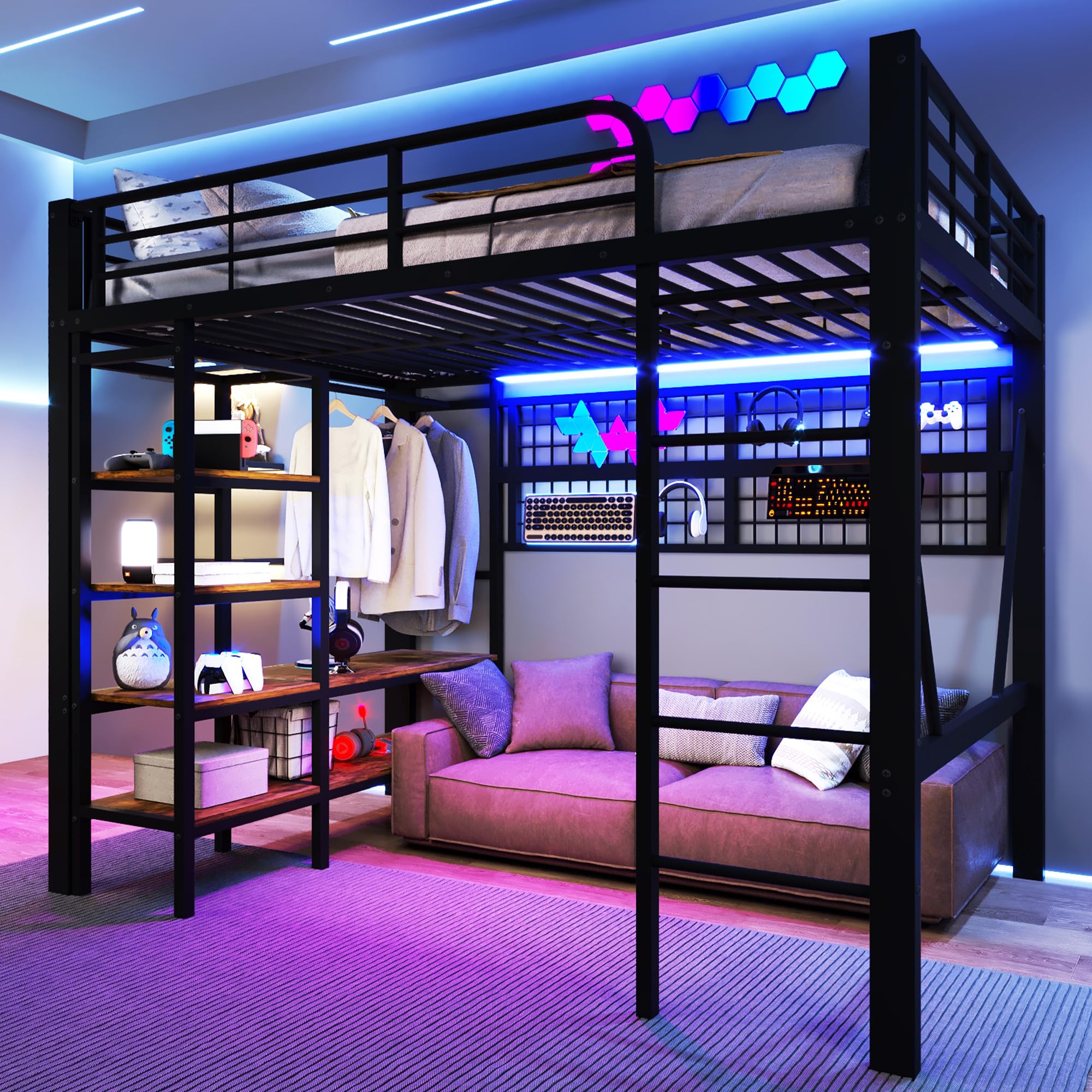 Lubvtti Letto a soppalco in ferro 140 x 200 cm con striscia luminosa a LED,vano portaoggetti,rete per appendere gli oggetti,asta appendiabiti,letto a castello per bambini,struttura letto singolo,Nero