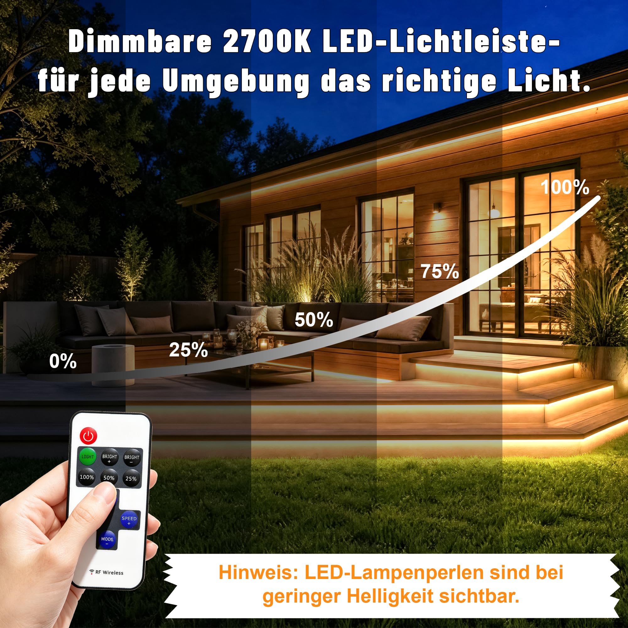 Outdoor IP67 Wasserdicht COB LED Streifen 15M Mit Fernbedienung, AC 220V-230V Dimmbar Direktanschluss 2700K Warmweiss LED Strip, Superhell Selbstklebend für den Außenbereich, Garten, Terrasse