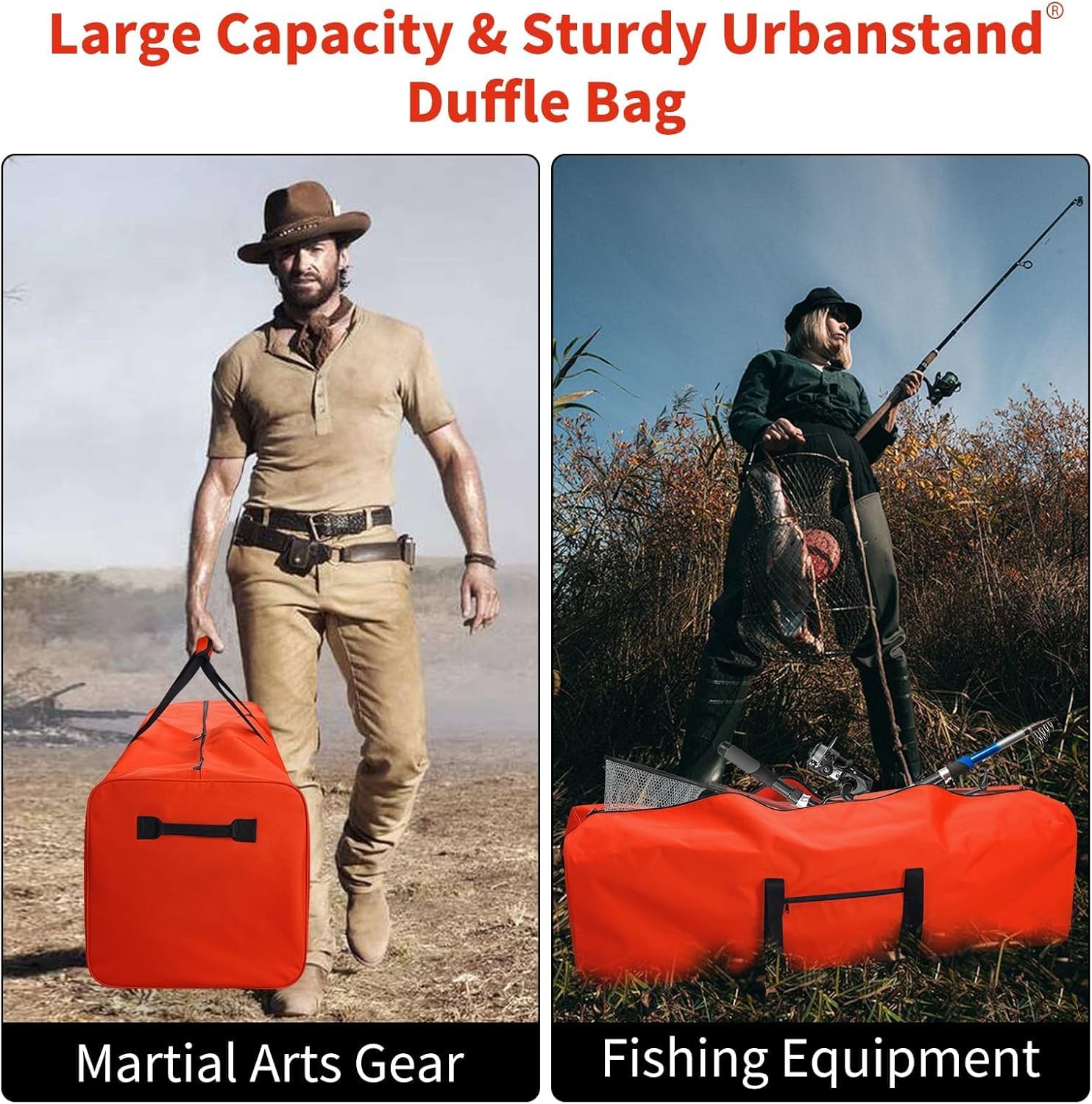 Urbanstand 52 Inch Extra Large Duffle Bag for Travel, Sports Gear Storage Bag with 2-way Lockable Zippers, Long Duffel Bag for Tent Camping tripod (Orange)