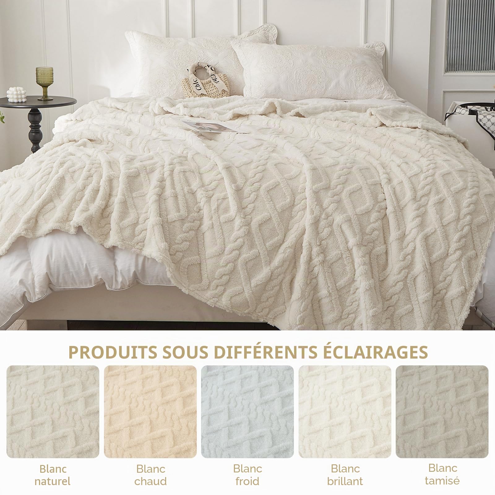 WONGS BEDDING Couverture douillette pour canapé, style bohème, 220 x 240 cm, en polaire, douce et chaude, pour lit, canapé, blanc crème