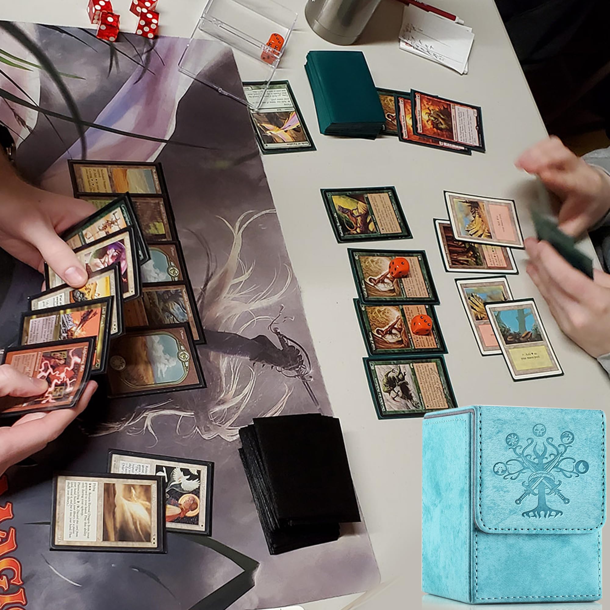 PROMAXIBINDER MTG - Caja de cartas Commander para más de 100 cartas de una sola manga, almacenamiento para cunas TCG/MTG, imán fuerte de piel sintética (azul cielo, árbol)