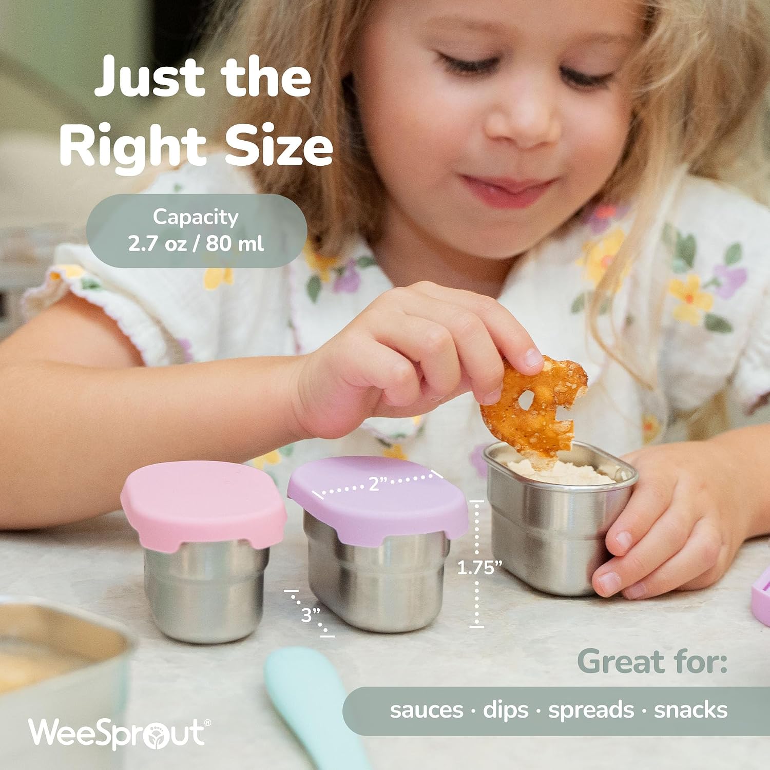 WeeSprout Preschool Snacktime Starter Set | Ages 6+ Months | Reusable Food Pouches, Silicone Snack Cups & Stainless Steel Dip Containers image 3
