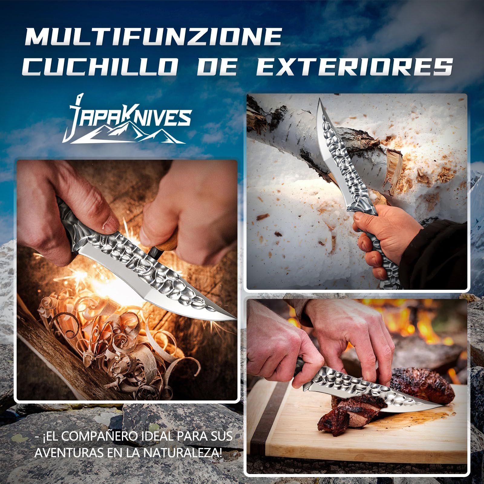 Japaknives Cuchillo de supervivencia para exteriores, hoja fija de acero VG10, estructura integral full tang, con funda de cuero para senderismo y aventura.
