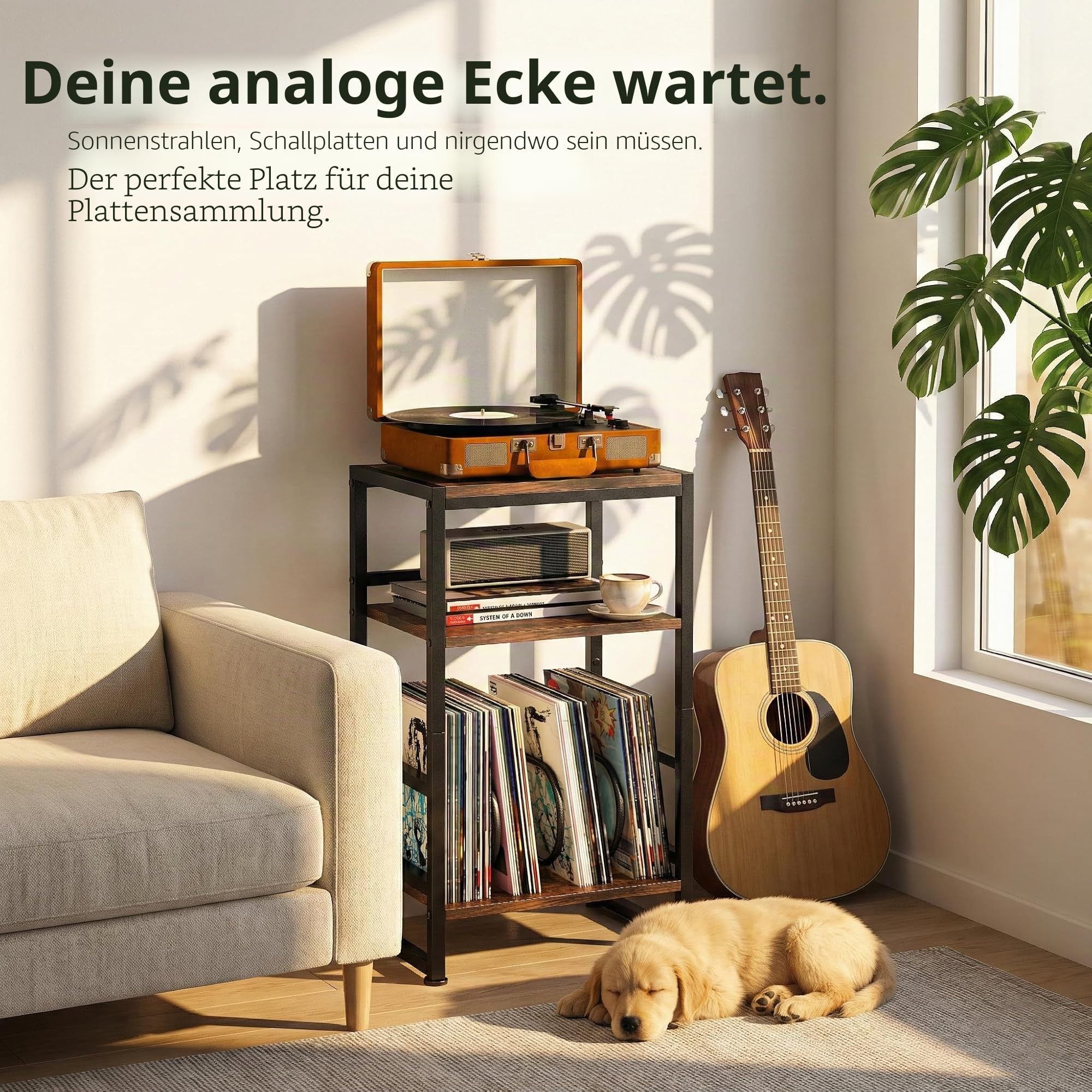 Plattenspieler-Ständer, 3 Etagen Beistelltisch,Plattenspielertisch Aufbewahrung von Schallplatten, bis zu 120 Alben, Tisch für Wohnzimmer, Schlafzimmer, Vintagebraun (Rustikal Braun)