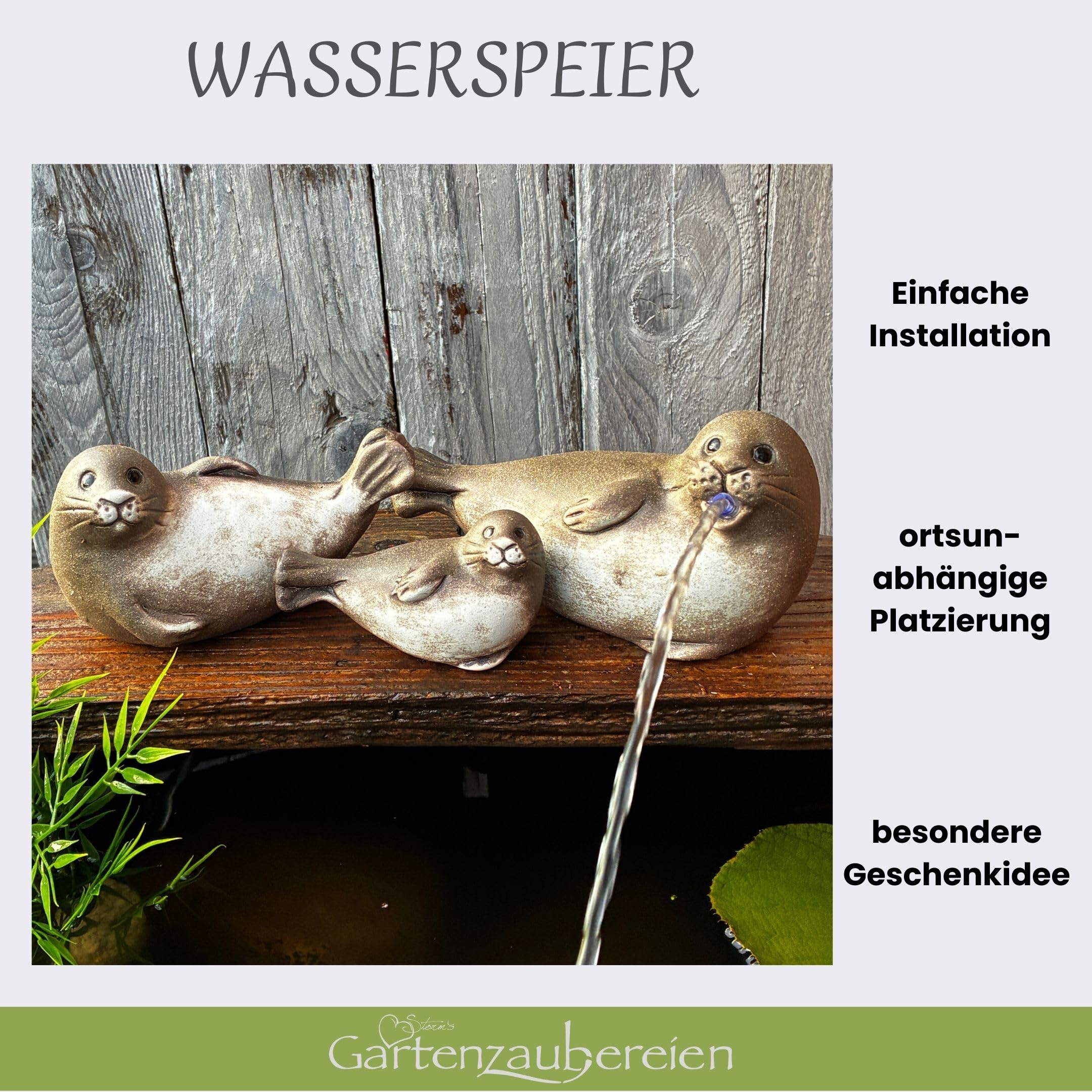 Storm's Gartenzaubereien Solar Wasserspeier Robben Set aus Keramik - 3er Set Robbenfamilie inkl. Solarpumpe - Maritime Dekofiguren für Garten/Balkon - Stromloser Teichbrunnen mit 3m Kabel