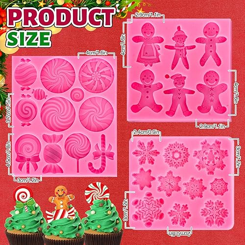 Miniatura 2 de Whaline Molde de silicona para caramelo de Navidad, 3 unidades, molde de silicona de copo de nieve de hombre de jengibre rosa, molde de caramelo de