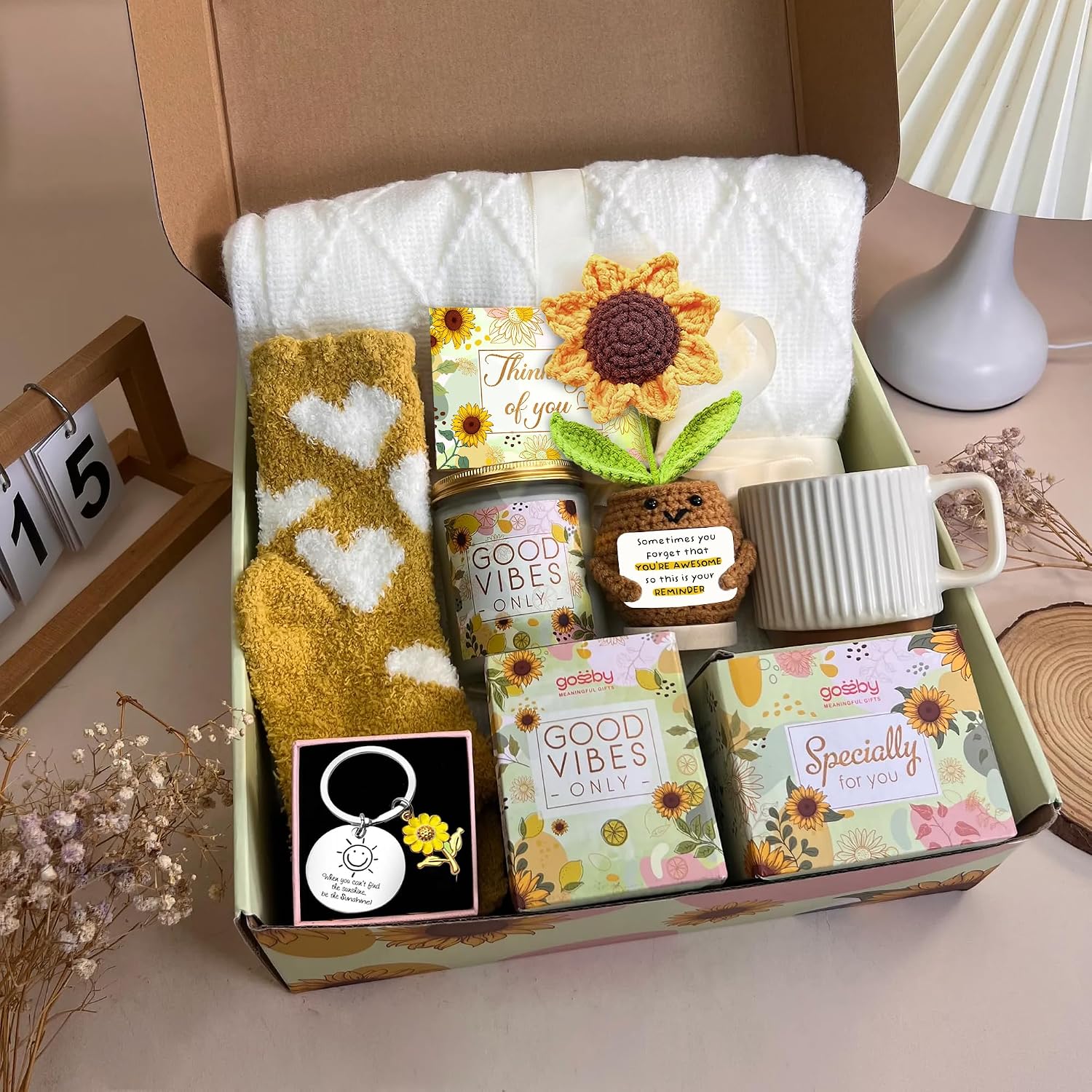 Gossby Sunflower Set Basket for Mom, Wife, Grandma, Sister - Birthday, Thinking of You, for Women - Self Care Package, Get Well Relaxing Spa Gift Basket (6 Pcs) - Set 5