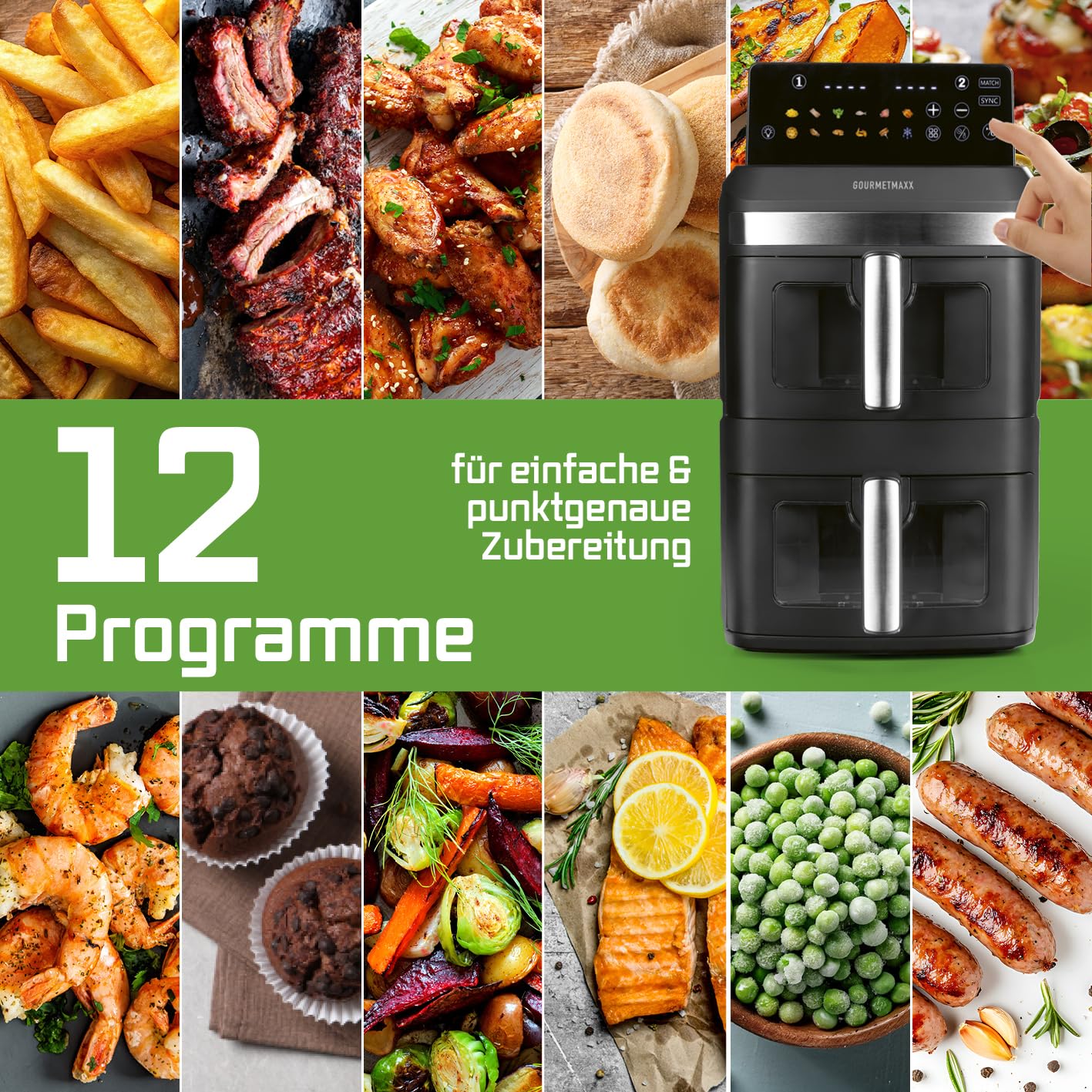 GOURMETmaxx FryUp XL vertikale Doppelkammer Heißluftfritteuse mit Sichtfenster - 12 L | Airfryer mit 9,6 Zoll Multi-Colour LED-Touchdisplay & 12 Programmen | Heißluftfritteuse 2 Kammern mit Oberhitze