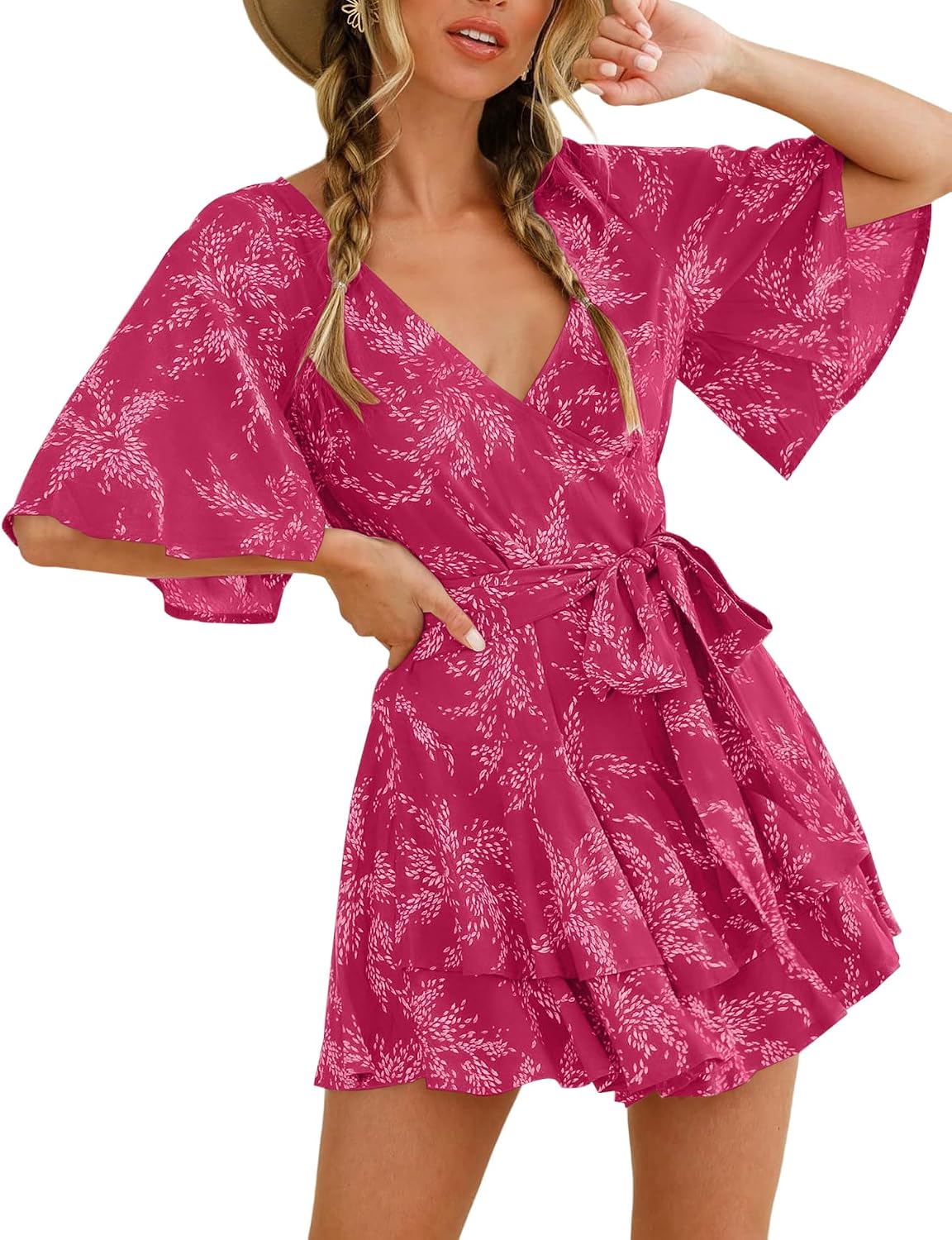 AIMCOO Womens Summer Short Flared Sleeve Romper V Neck Floral Print Jumpsuit Waist Tie Layer Ruffle Hem Rompers