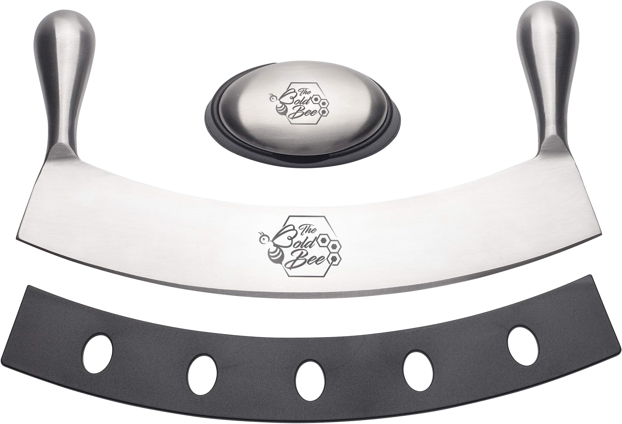 The Bold Bee 12" Stainless Steel Mezzaluna Knife & Cover + FREE Stainless Steel Soap Odor Remover | Pizza Cutter | Fruit, Vegetable & Salad Chopper & Dicer | Herb Mincer