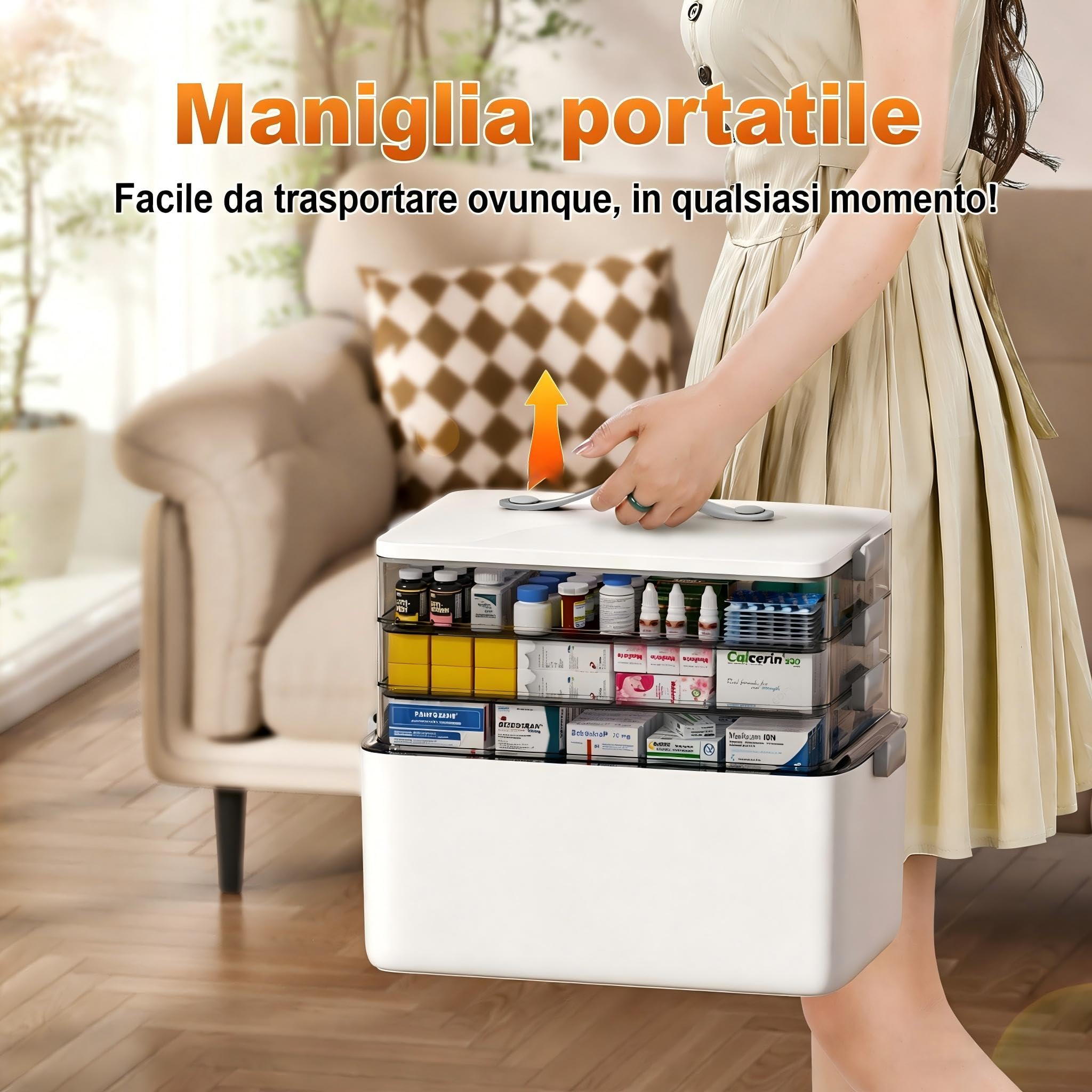 MOPUP Contenitore per medicinali a quattro strati, 37 x 23 x 32 cm, con maniglia per il trasporto, organizzatore multifunzione per farmaci, grande capacità.