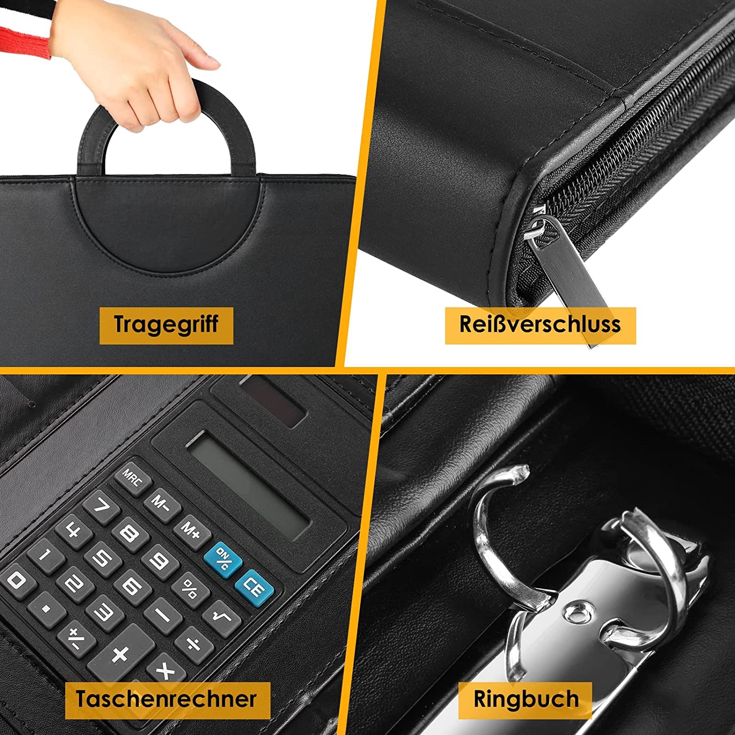Porte-Document A4 Cuir avec Fermeture Éclair Étanche Classeur à Anneaux Noir