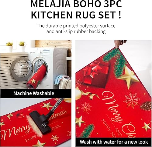 Miniatura 5 de Juego de 3 tapetes de cocina de Navidad, lavables, juego de 3 piezas, tapete rojo para decoración de Navidad, fiesta en el hogar