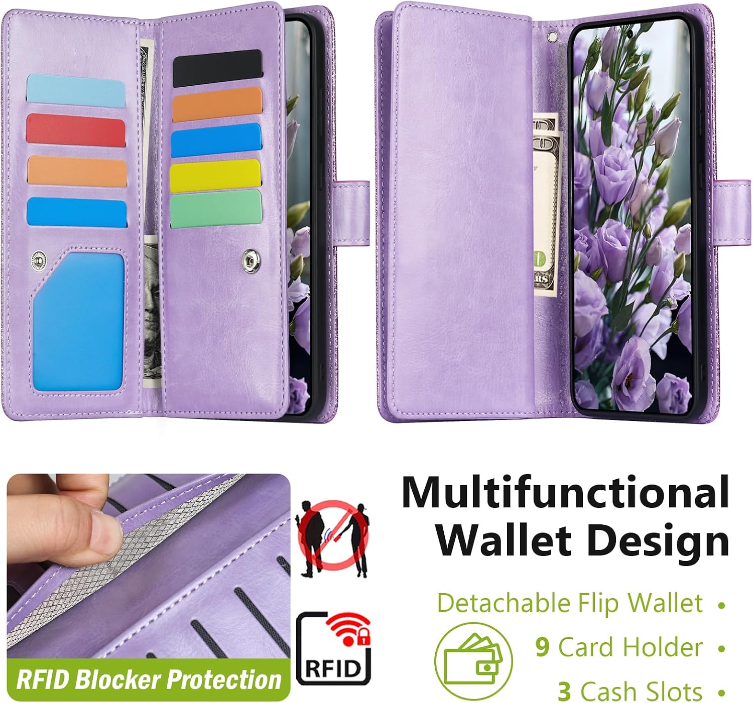 Varikke for Galaxy S25 Plus Wallet Case Detachable with RFID Blocking Card Holder for Women, Glitter Leather Strap Magnetic Flip Removable Phone Case for Samsung Galaxy S25 Plus 6.7", Light Purple