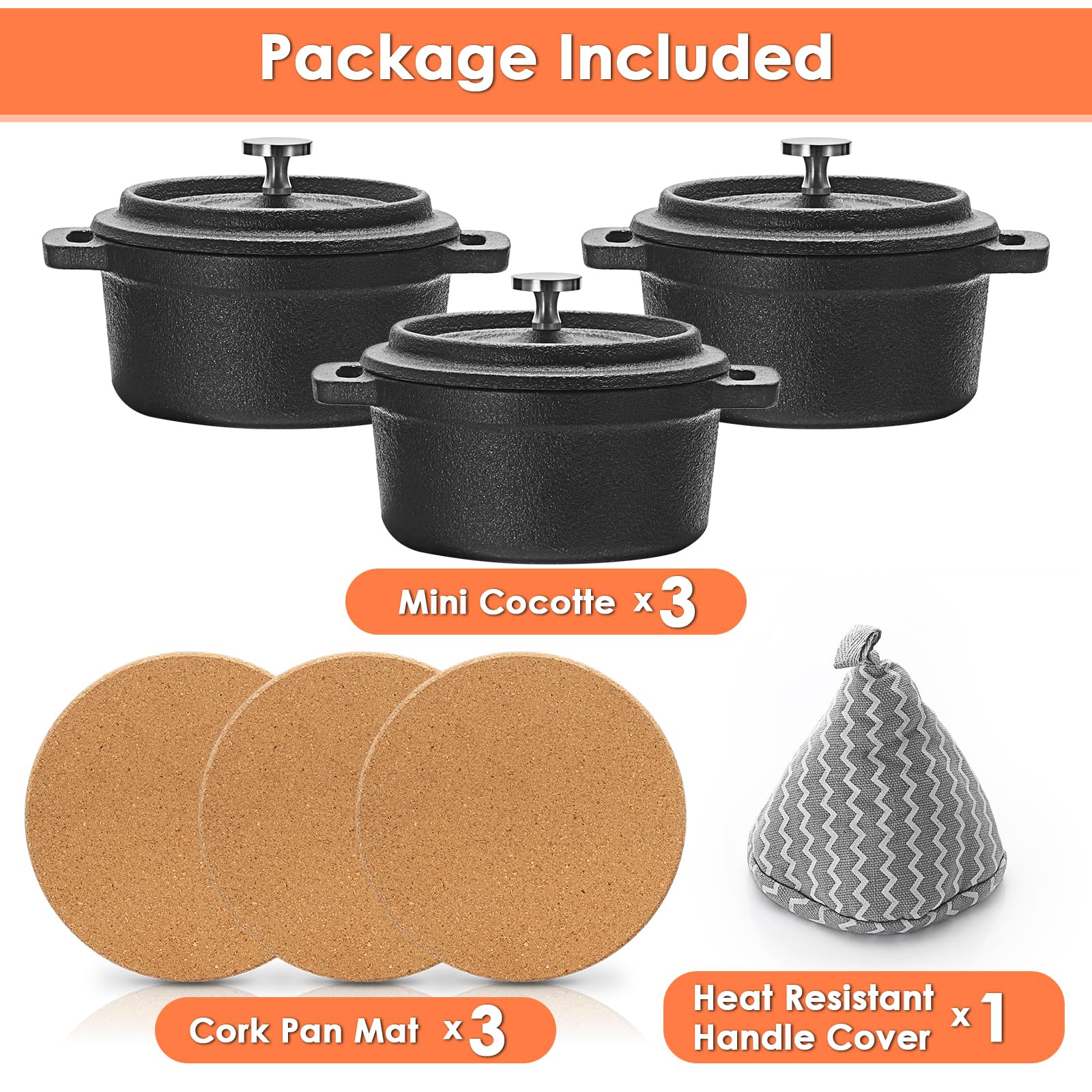 Mini Cocotte - Juego de 3 mini horno holandés con tapas y asas, asador de ajo de hierro fundido con alfombrilla de corcho, apto para estufa, horno (8 onzas) 7