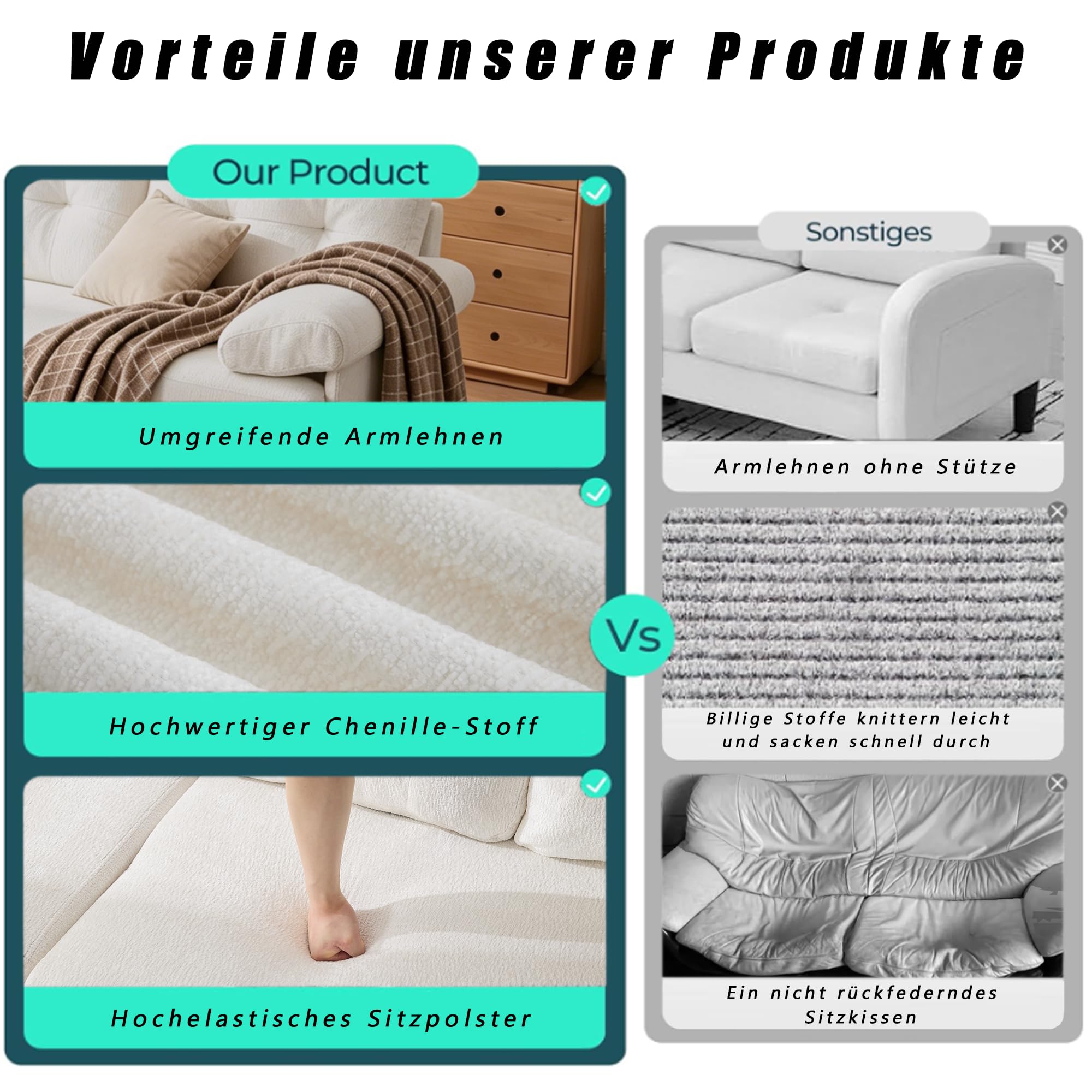 Divano angolare con funzione letto, 187,5 cm, divano a forma di L con funzione letto, divano a 3 posti, funzione reclinabile, tessuto di ciniglia, braccioli imbottiti, per soggiorno, beige