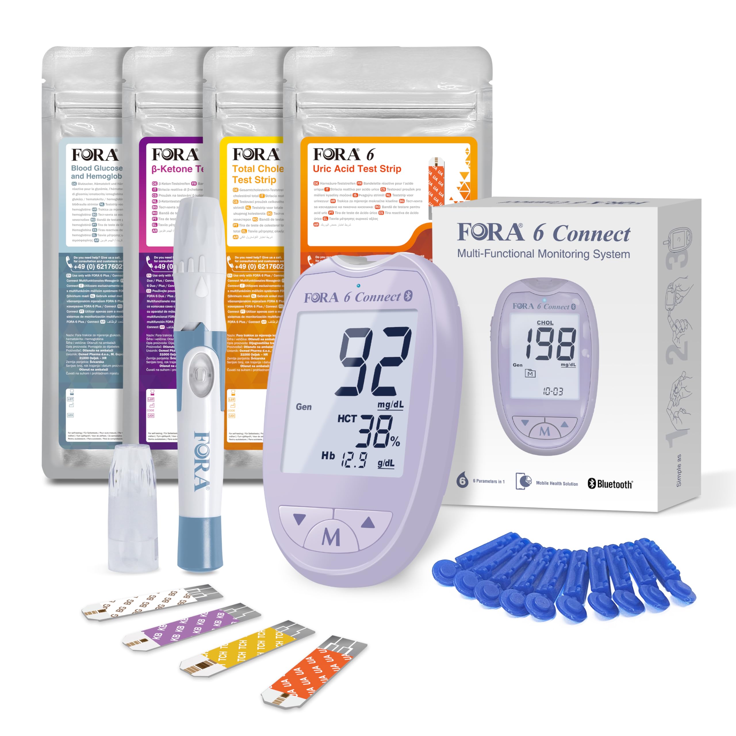 FORA 6 Connect | 4-w-1 urządzenie do pomiaru poziomu glukozy we krwi, ketonów, cholesterolu, kwasu moczowego | Do samodzielnego użytku w domu | Bluetooth i aplikacja | W zestawie paski testowe i
