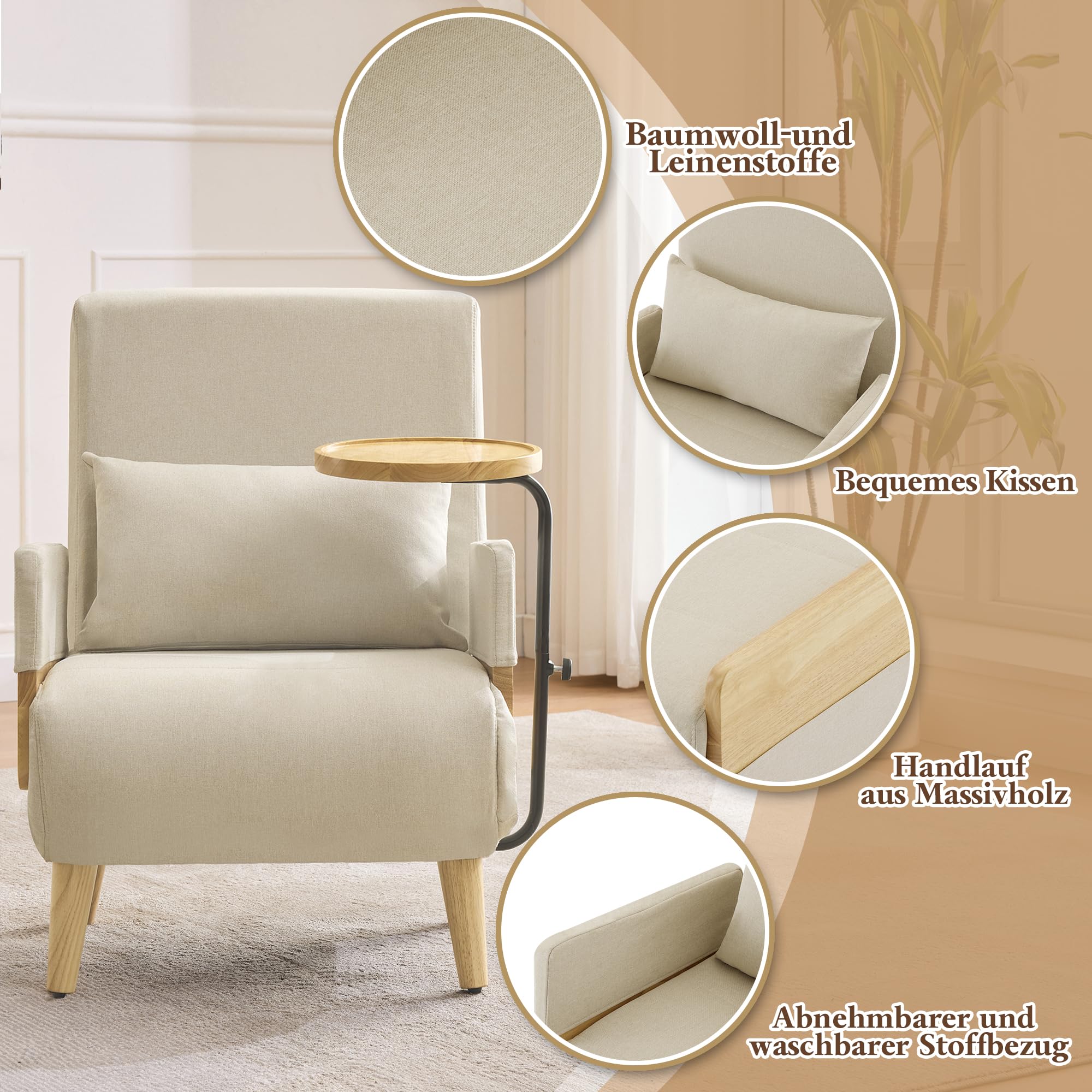 Poltrona di conversione 3 in 1 con funzione di sonno, con vassoio in legno, sedia pieghevole imbottita, seduta imbottita, poltrona lounge, letto singolo, adatta per soggiorno, camera da letto