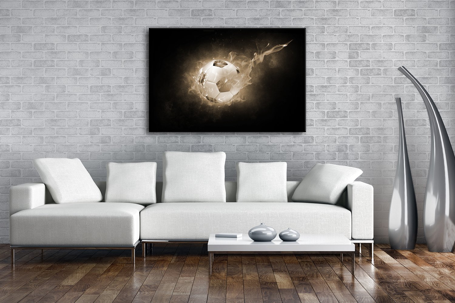 Pallone da calcio scura in formato 100 x 70 effetto: Seppia su tela, motivo già incorniciato su telaio in vero legno, stampa digitale di alta qualità con cornice, senza poster o poster
