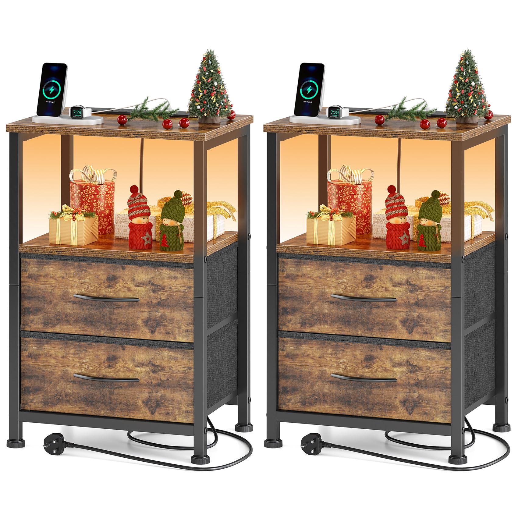 Yornoli Set of 2 Bedside Table with Charging Station 40cm Wide Bed Side Table for Bedroom with Fabric Drawers Small End Tables with Led Lights for Living Room Small Spaces Rustic Brown